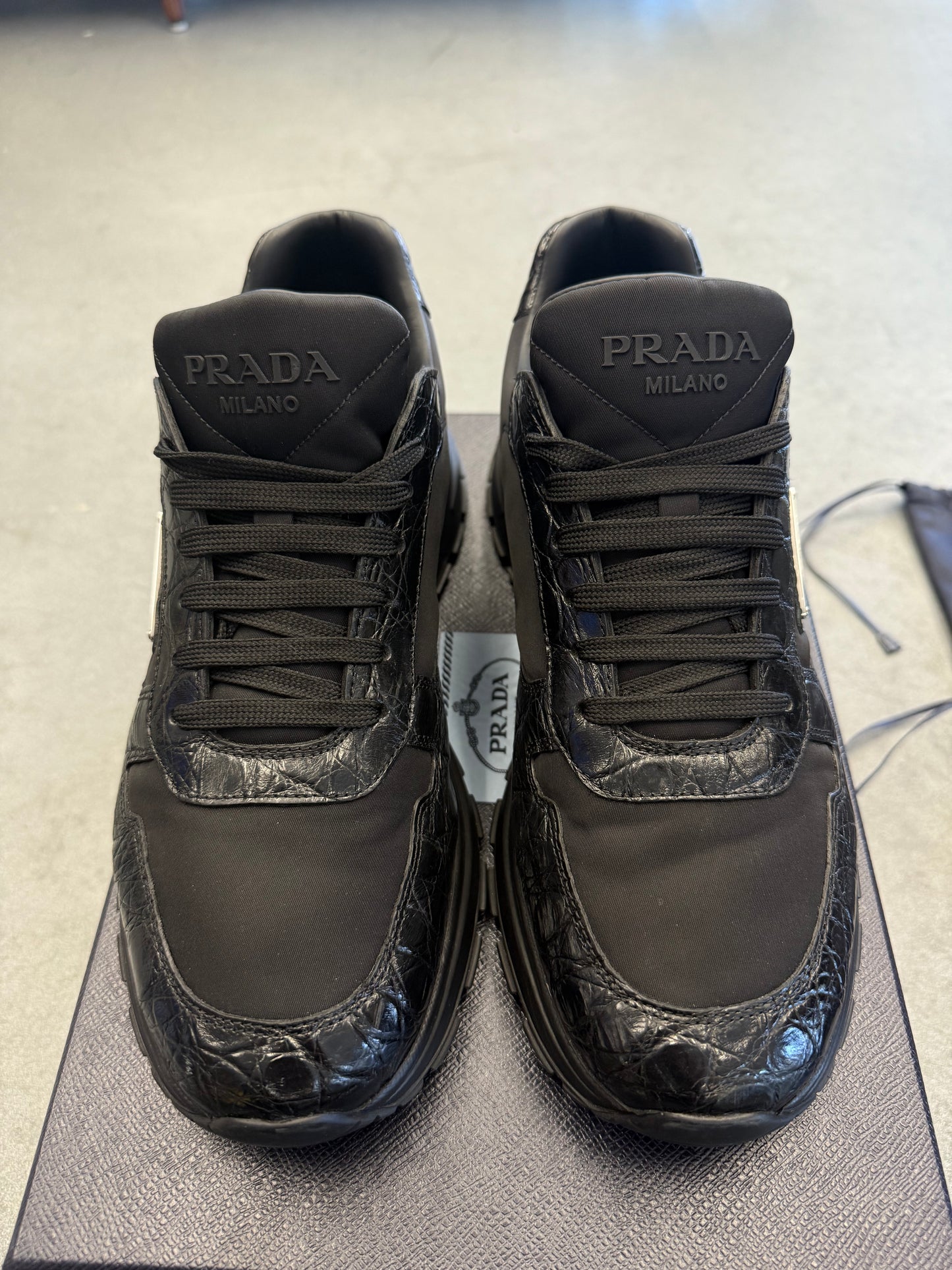 SIZE 8.5 PRADA BLACK CROC CALZATURE UOMO COCCO+NYLON GABARDINE 1 NERO (PRE-OWNED WITH BOX)