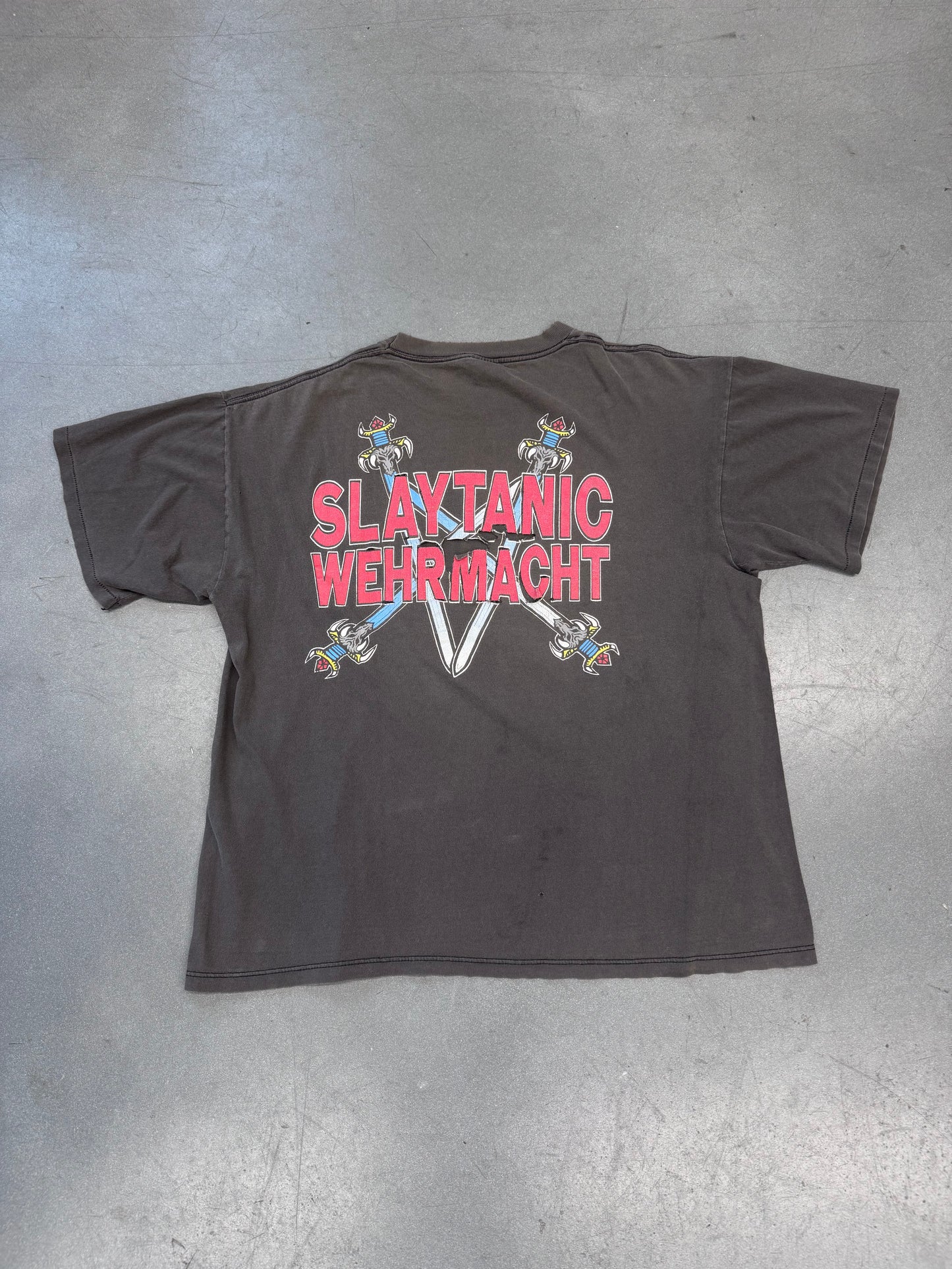 1989 DISTRESSED SLAYER SLAYTANIC WEHRMACHT LAUGHING SKULL TEE (BROCKUM TAG)