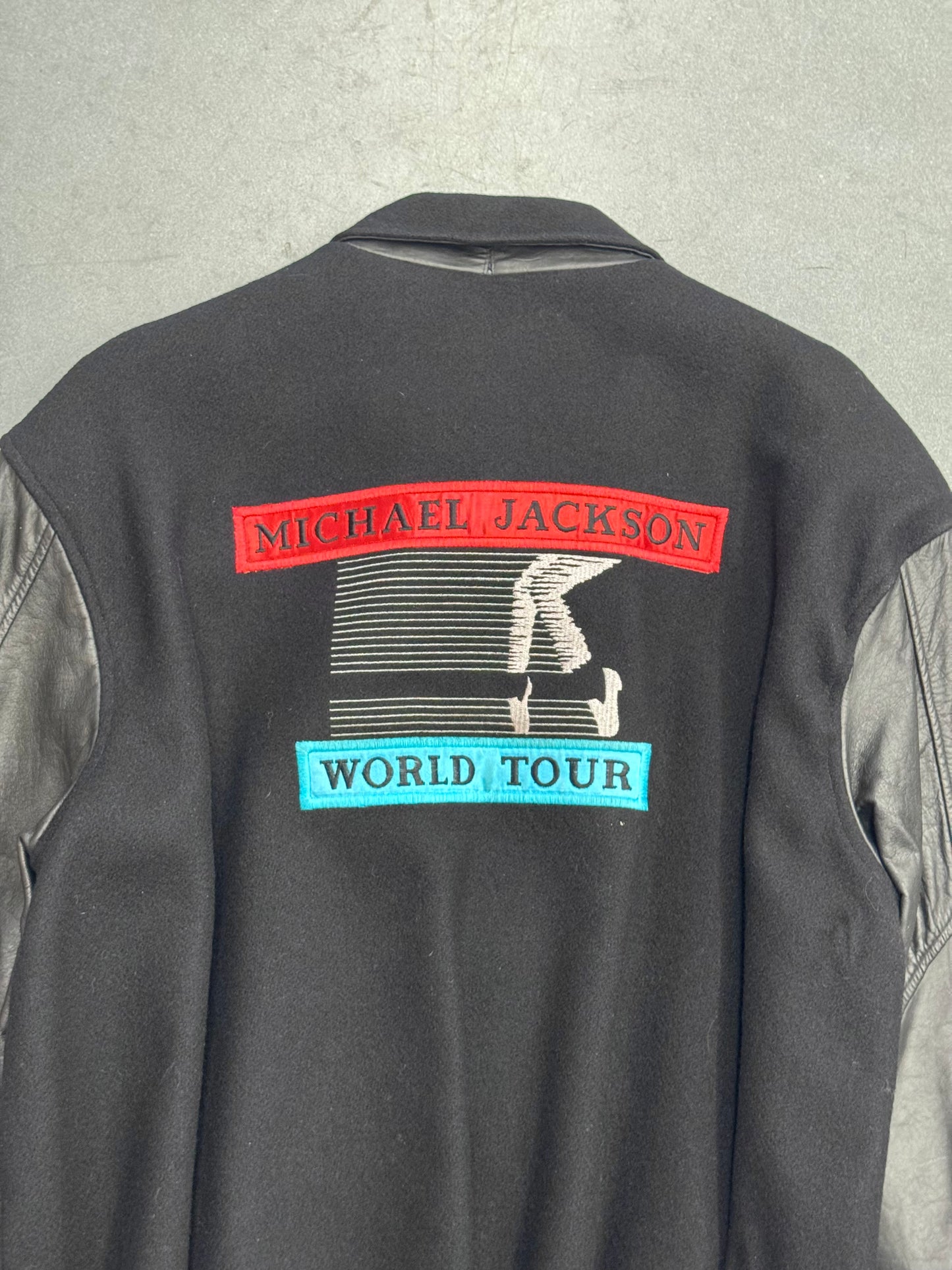 1988 MICHAEL JACKSON BAD WORLD TOUR LEATHER/WOOL VARSITY JACKET (LP DESIGNS TAG)