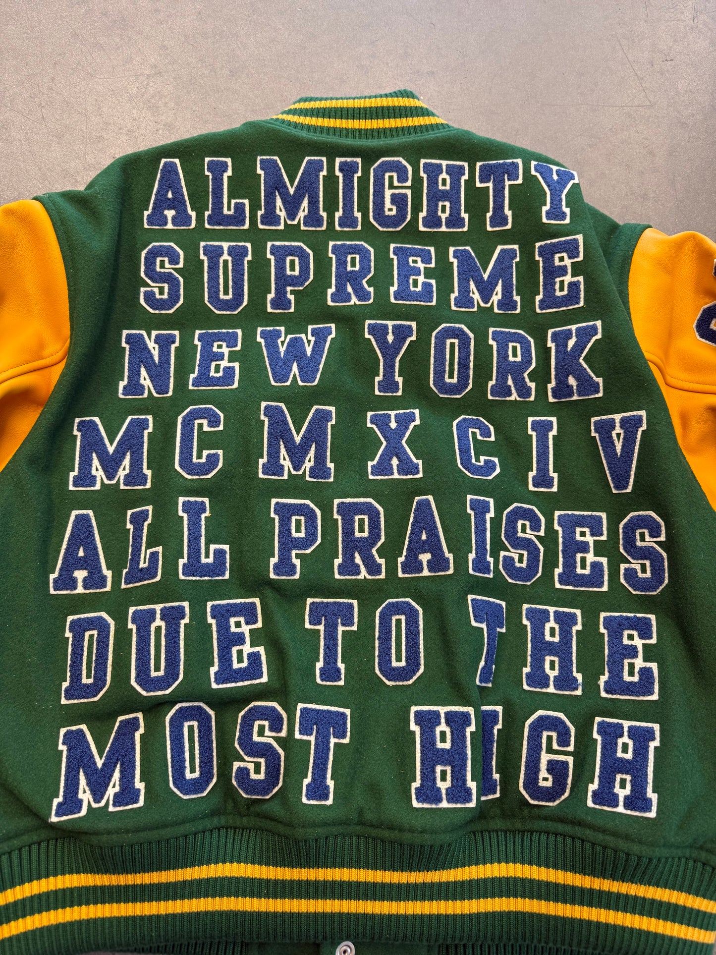 SS25 SUPREME PRAISES VARSITY JACKET - GREEN/YELLOW (NEW)