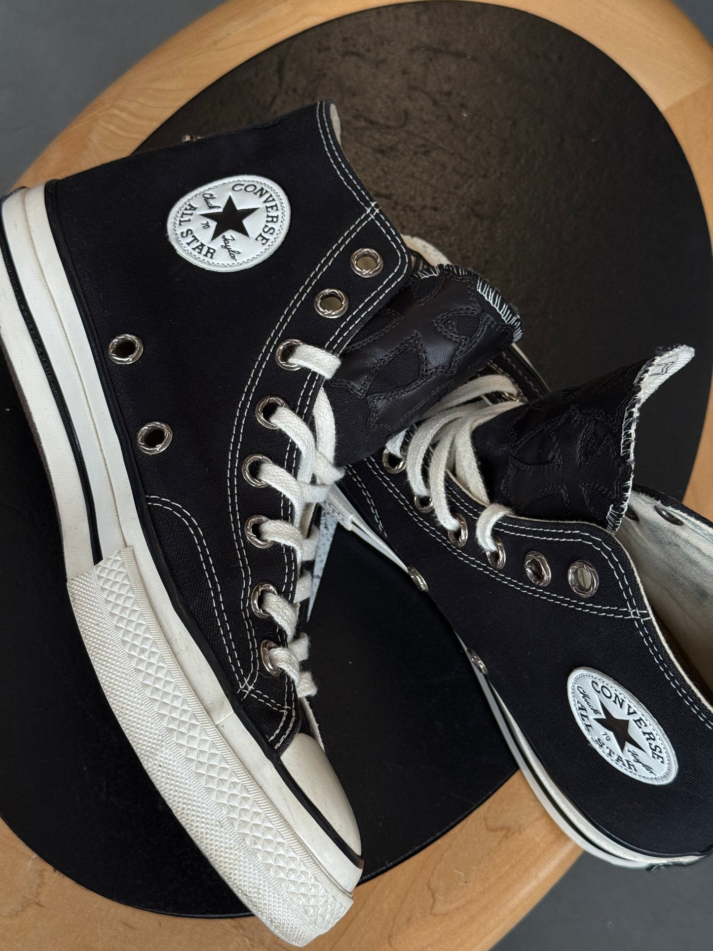 SIZE 10 CHROME HEARTS LEATHER CROSS PATCH CONVERSE BLACK ALL-STAR HIGH (PRE-OWNED NO BOX)