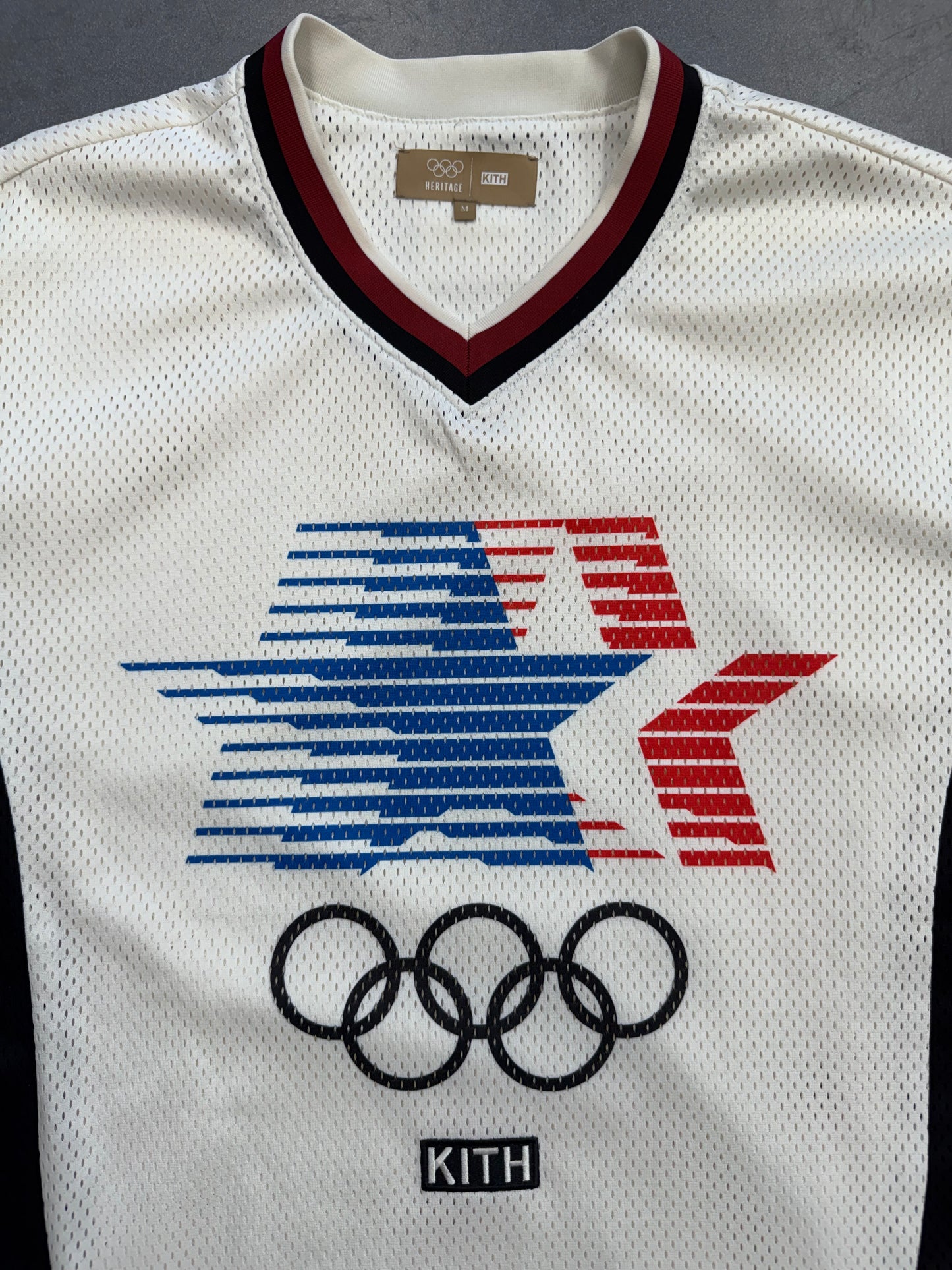 KITH FOR OLYMPICS HERRITAGE MESH DARIN WARM UP SHIRT - WHITE/BLACK (M)