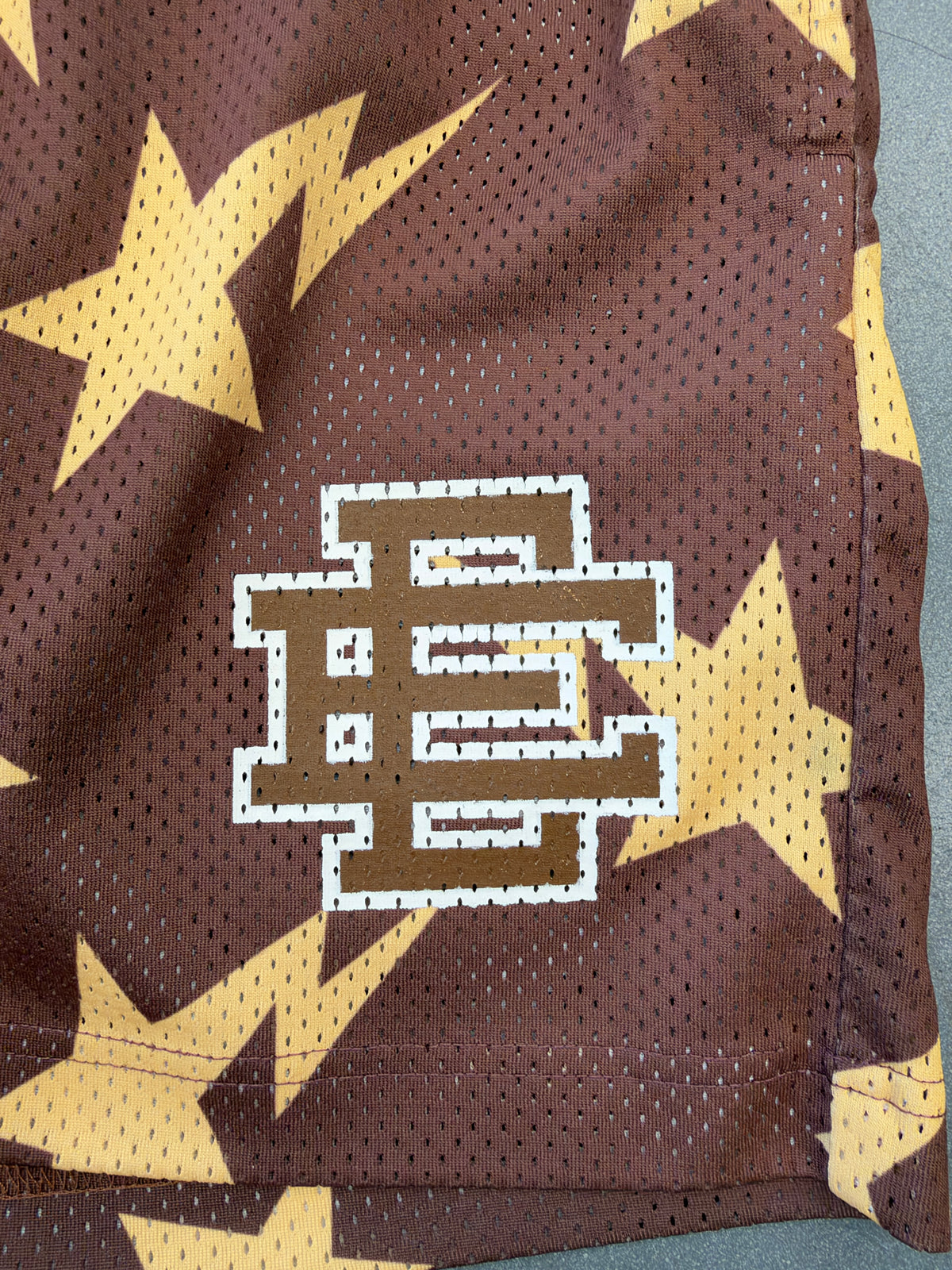 FW19 ERIC EMANUEL X BAPE MIAMI BAPESTA MESH SHORTS - BROWN/YELLOW