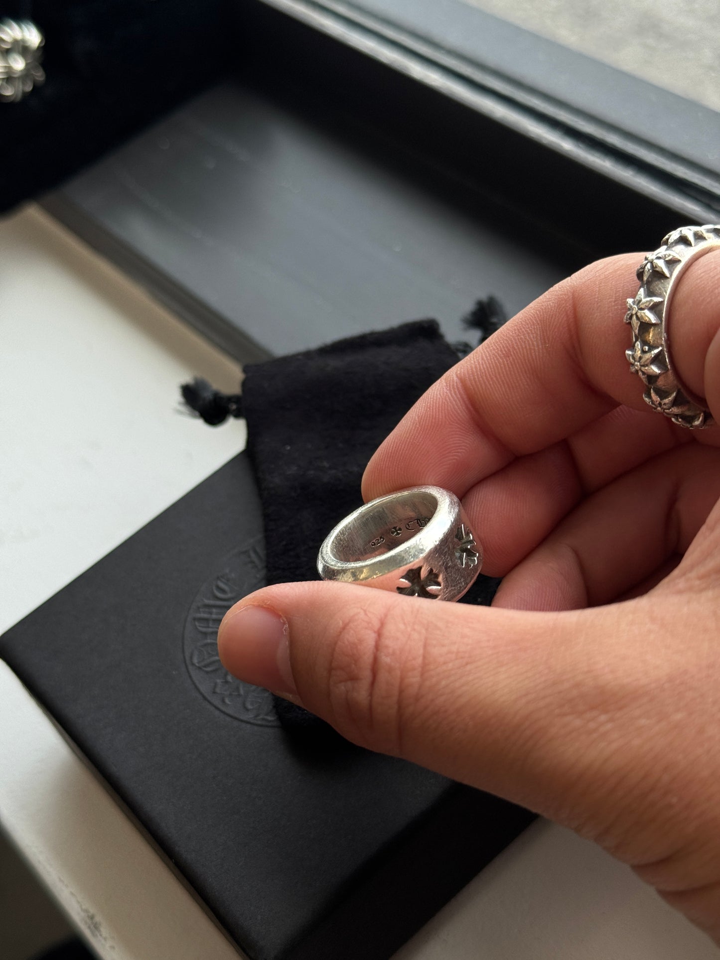 CHROME HEARTS NEGATIVE TINY PLUS THICK BAND SILVER RING (SIZE 6) (19.5 GRAMS)
