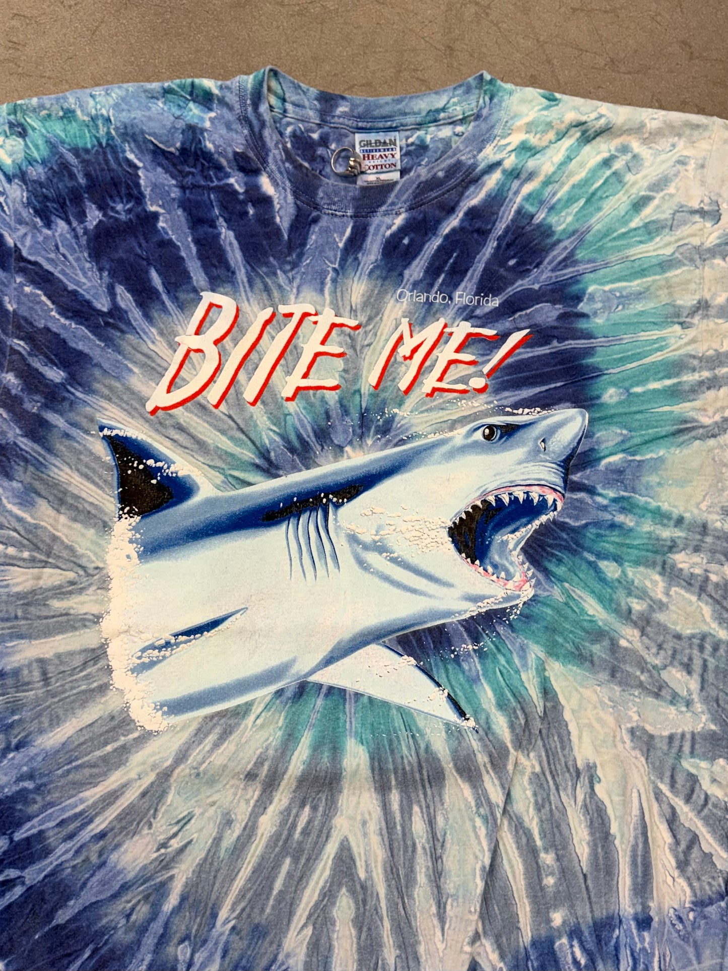 90S ORLANDO, FLORIDA "BITE ME!" GREAT WHITE SHARK TIE-DYE TEE (GILDAN TAG)