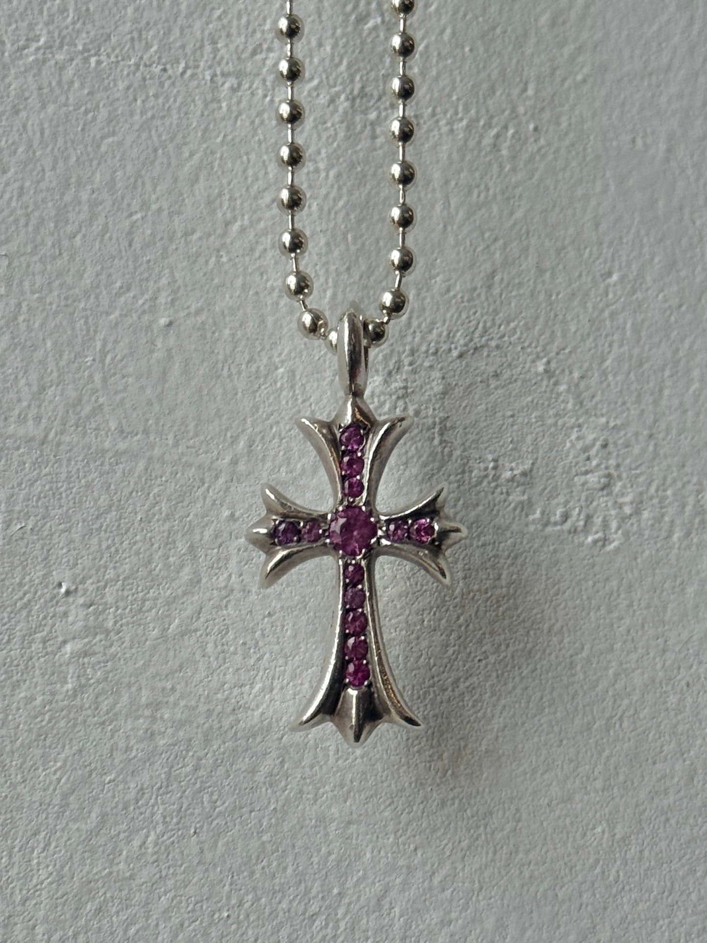 CHROME HEARTS PAVE PINK SAPPHIRE CROSS SILVER PENDANT (5.7 GRAMS)