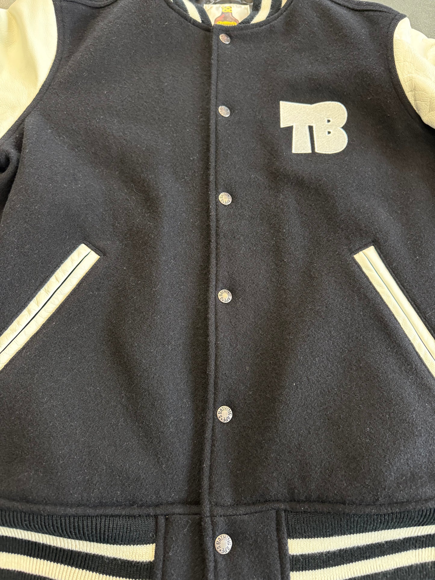 2008 A BATHING APE BAPE TERIYAKI BOYS LEATHER VARSITY JACKET (XL) (LIGHT PRE-OWNED WITH BAG)