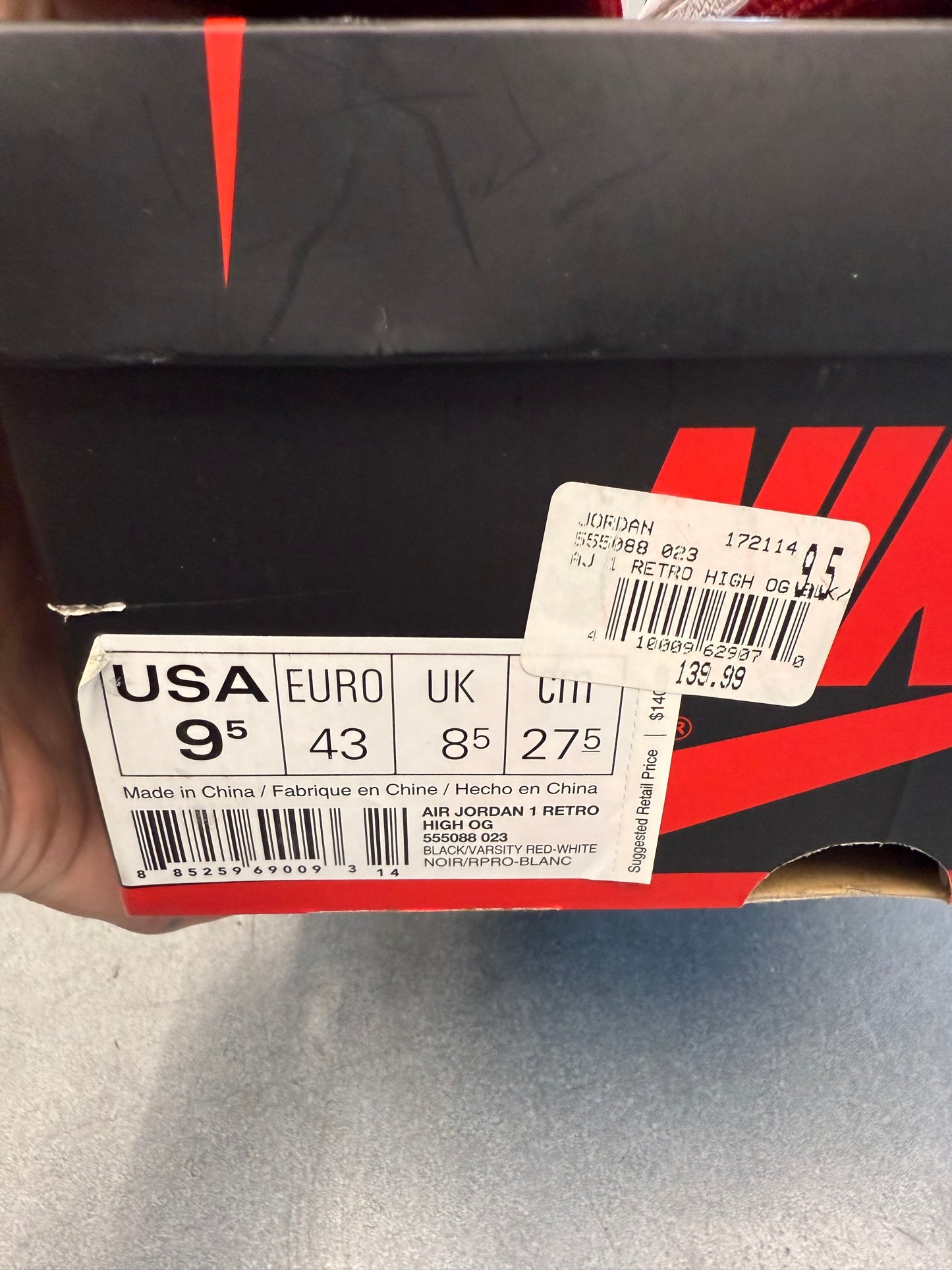 2013 SIZE 9.5 JORDAN 1 RETRO HIGH BRED (PRE-OWNED WITH BOX)