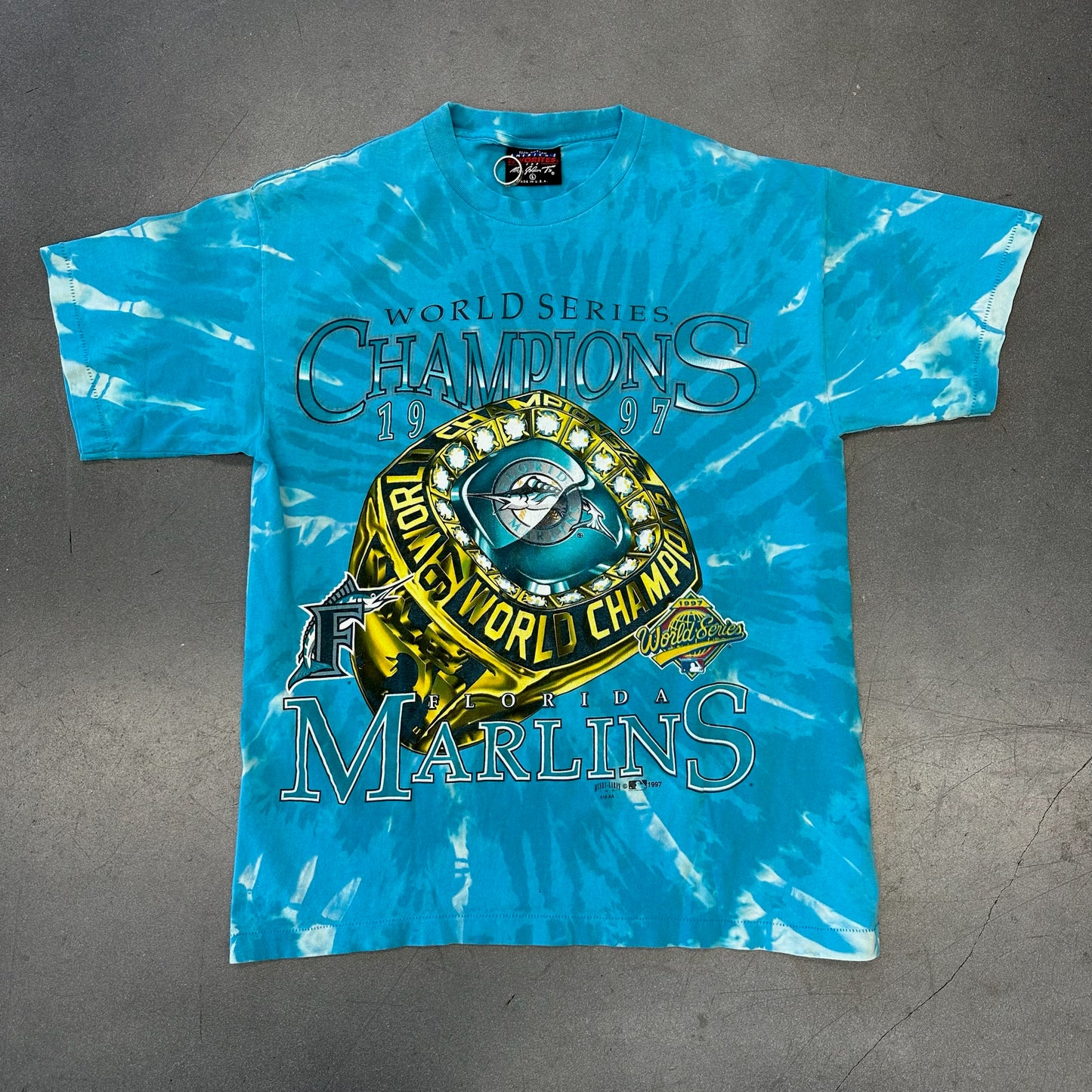 1997 WORLD SERIES CHAMPIONS FLORIDA MARLINS RING TEE CUSTOM BLEACH DYE (AMERICA'S FAVORITES TAG)