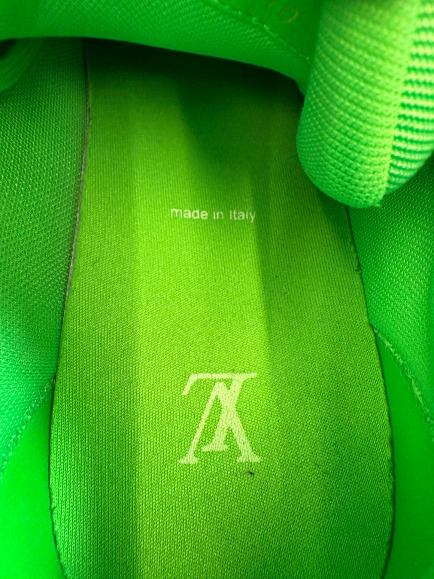 SIZE 10 LOUIS VUITTON LV TRAINER SNEAKER - FLUROESCENT GREEN (PRE-OWNED NO BOX)