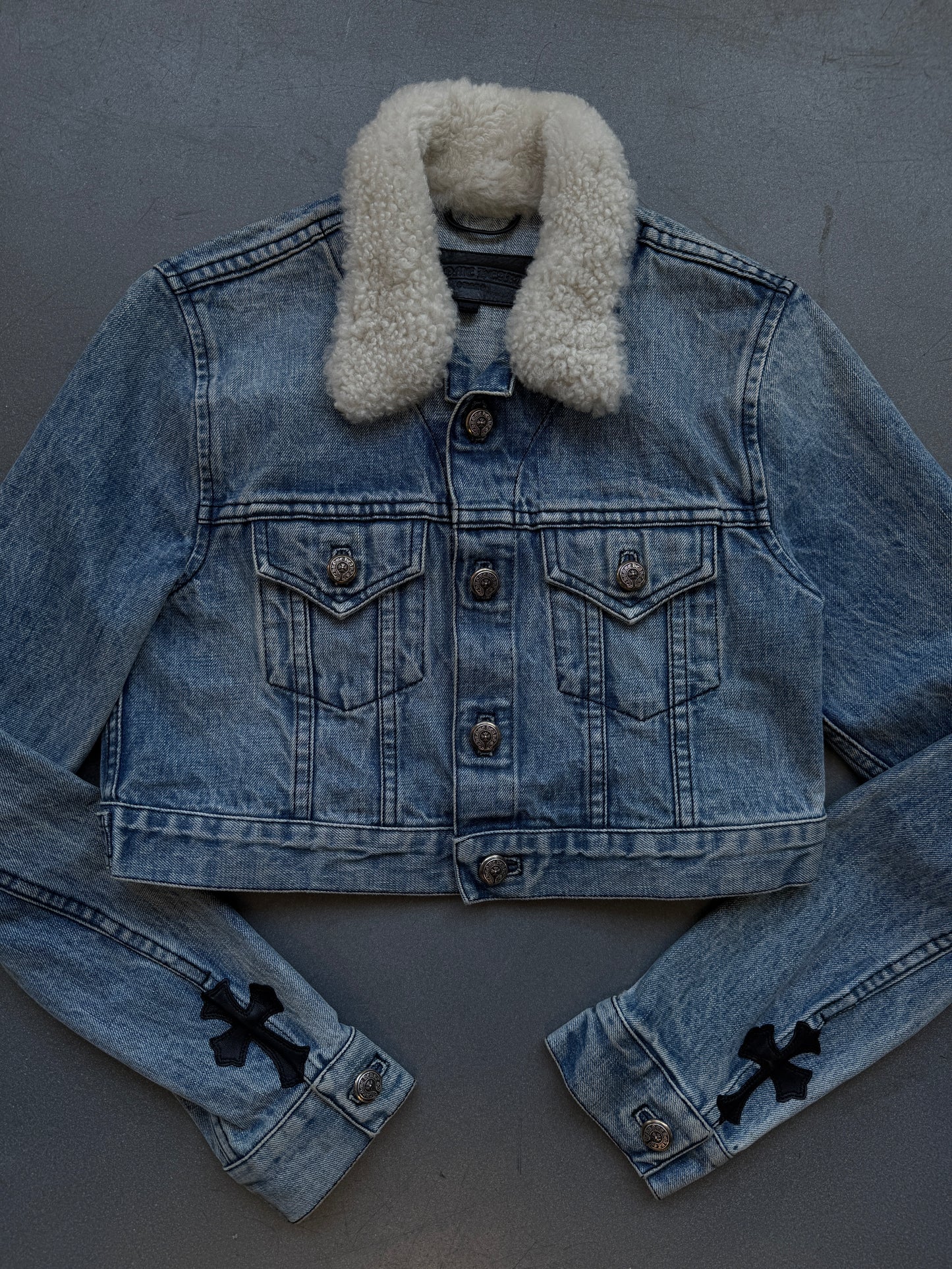 CHROME HEARTS SHEARLING BLUE DENIM WOMEN'S JACKET (M)
