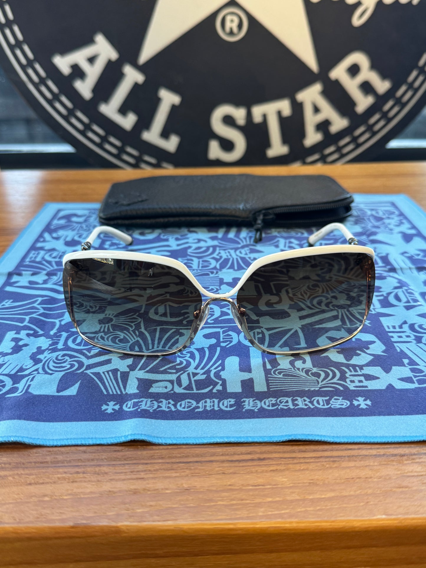 CHROME HEARTS BUTTFLUX SUNGLASSES (SILVER + LEATHER HANDLES)