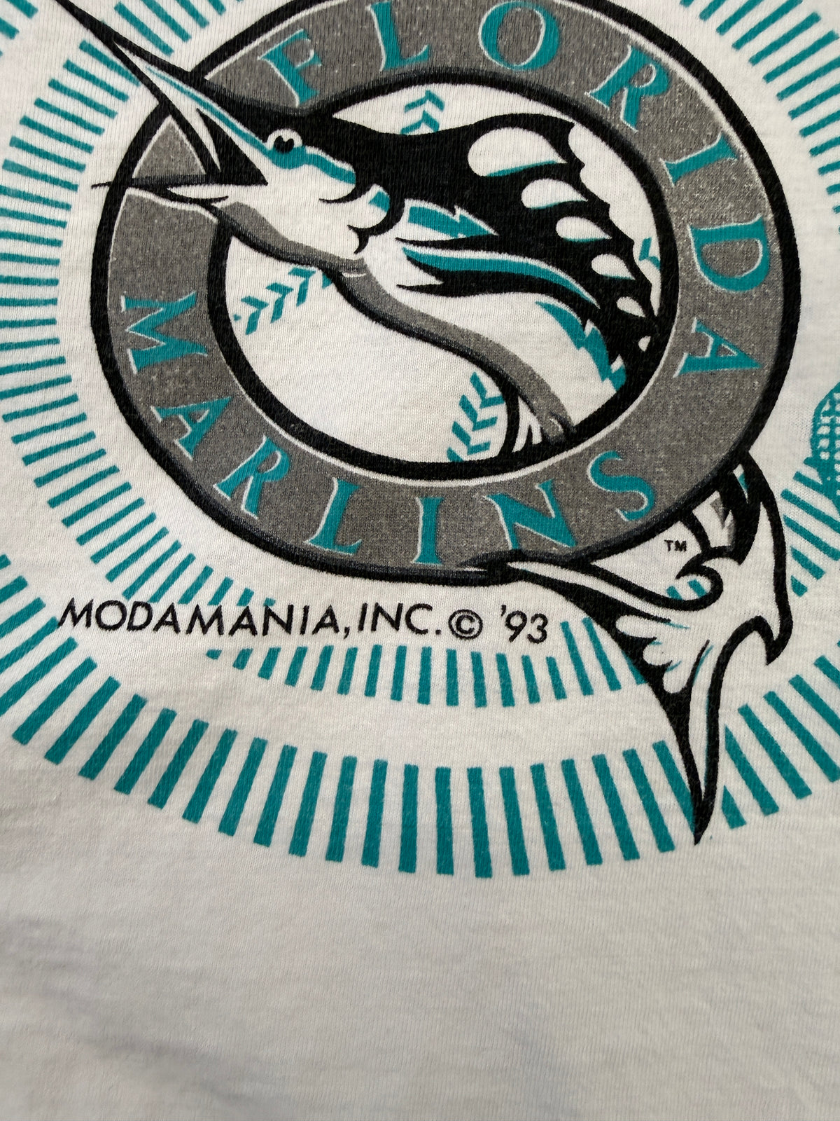 1993 FLORIDA MARLINS AOP BASEBALL TEE MODAMANIA INC (I.R.O.N. KNIGHT TAG)