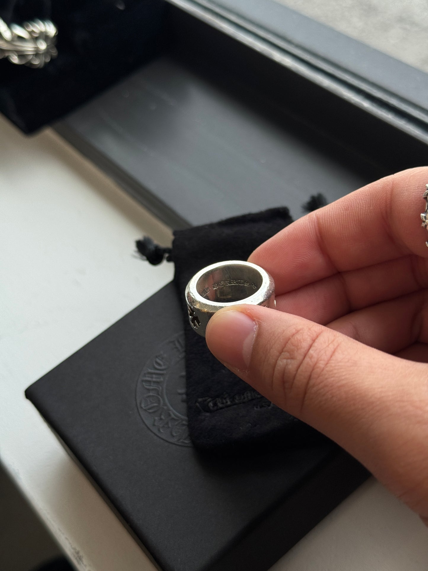 CHROME HEARTS NEGATIVE TINY PLUS THICK BAND SILVER RING (SIZE 6) (19.5 GRAMS)