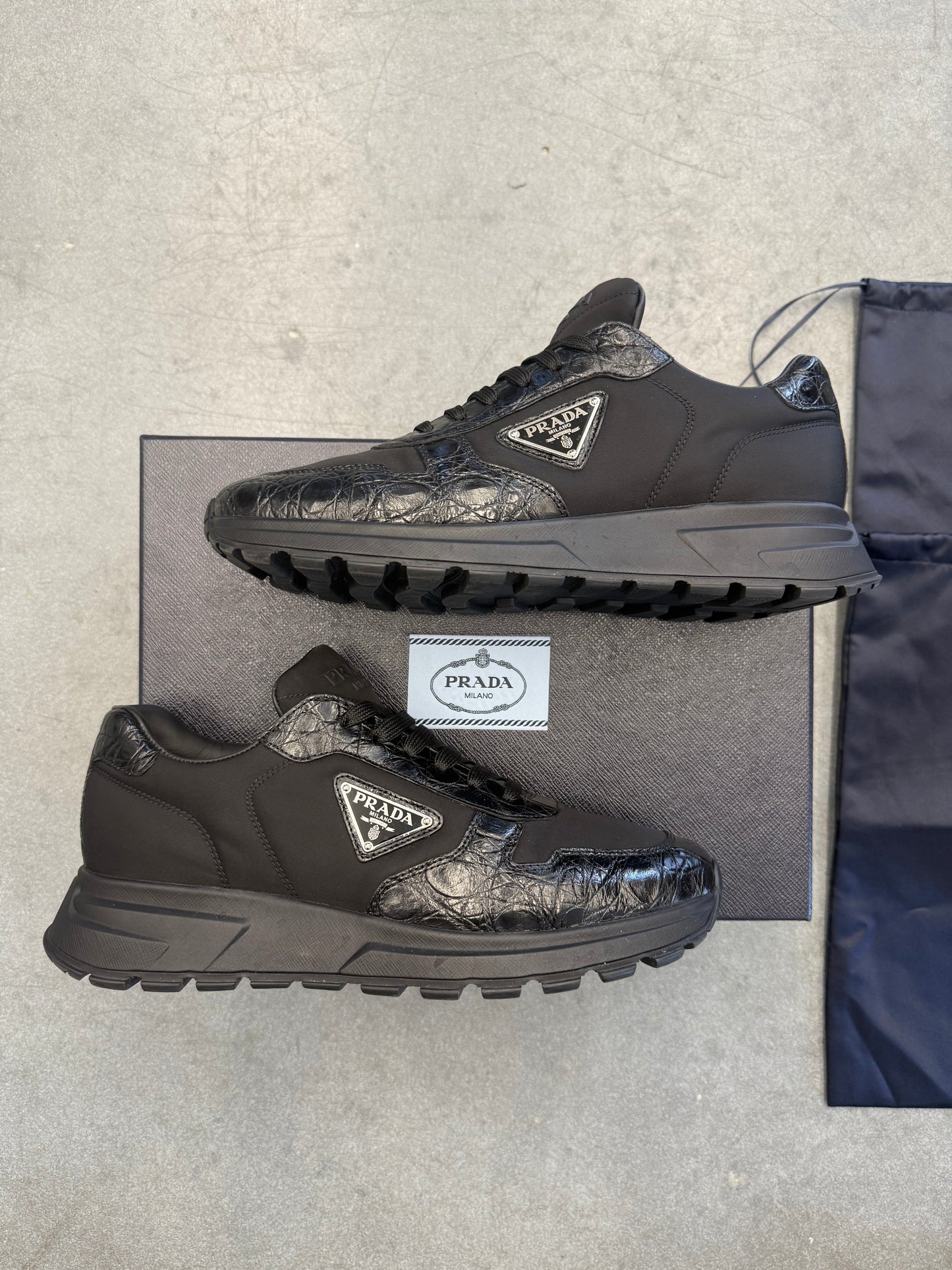 SIZE 8.5 PRADA BLACK CROC CALZATURE UOMO COCCO+NYLON GABARDINE 1 NERO (PRE-OWNED WITH BOX)