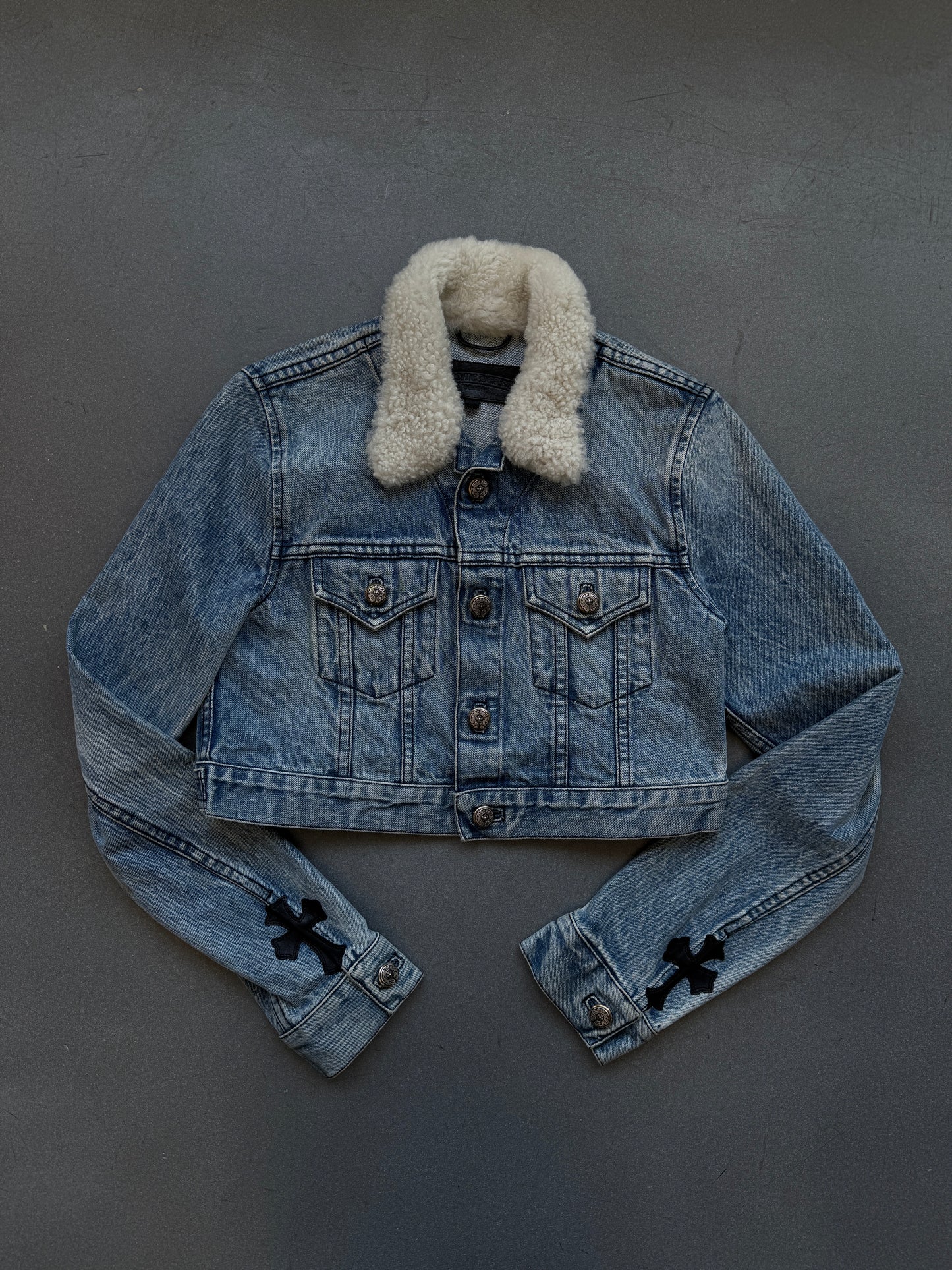 CHROME HEARTS SHEARLING BLUE DENIM WOMEN'S JACKET (M)