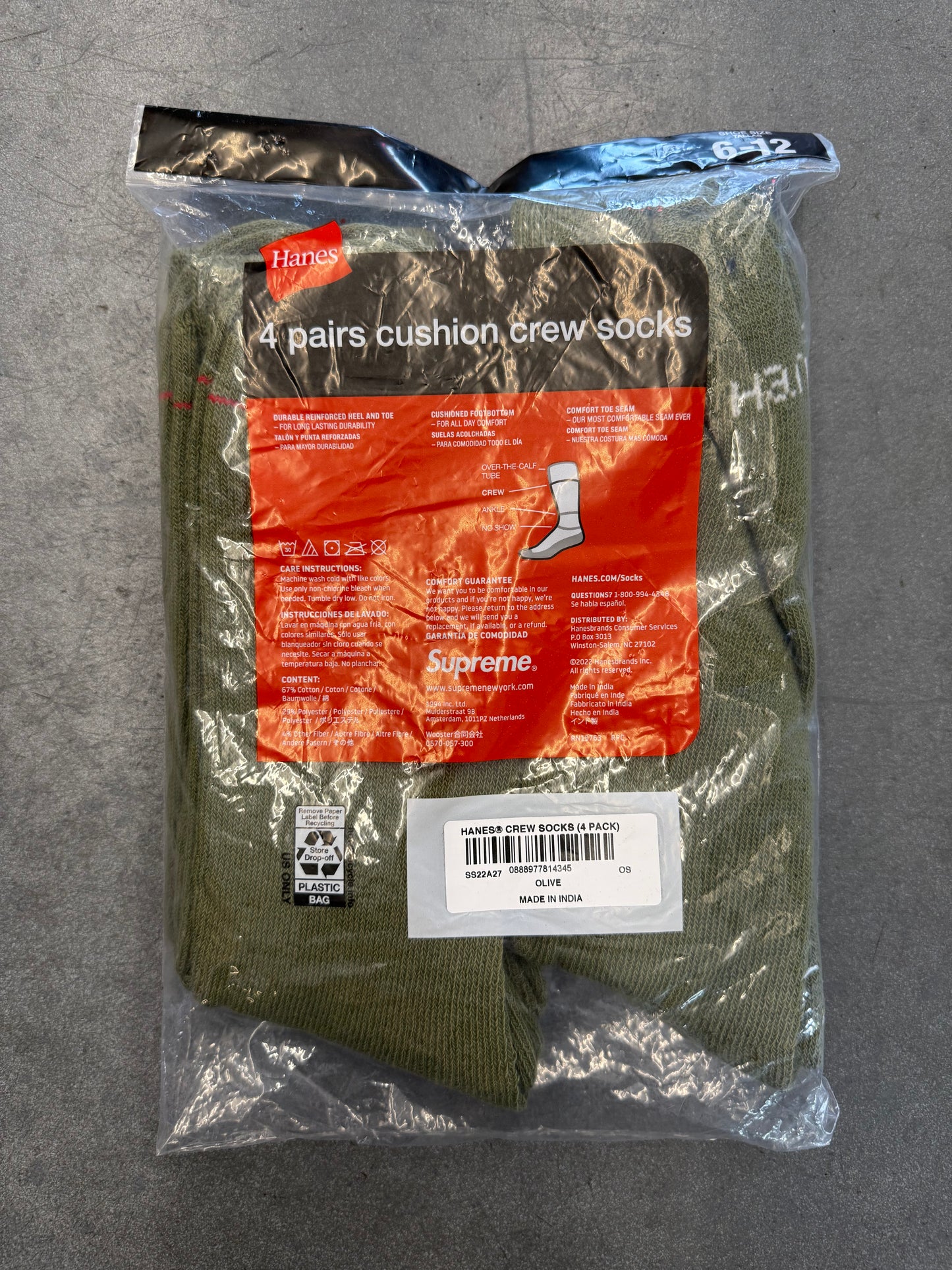 SUPREME HANES CUSHION CREW SOCKS OLIVE 4 PACK