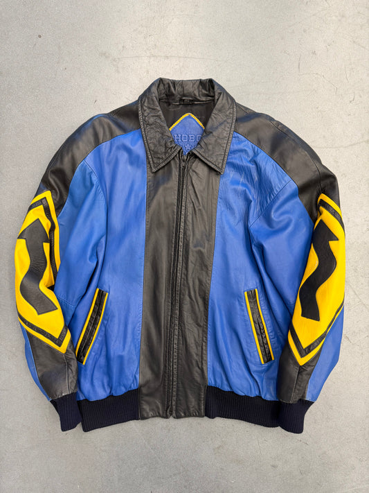VINTAGE MICHAEL HOBAN NORTH BEACH STREET SIGN LEATHER JACKET - BLUE/YELLOW (S)