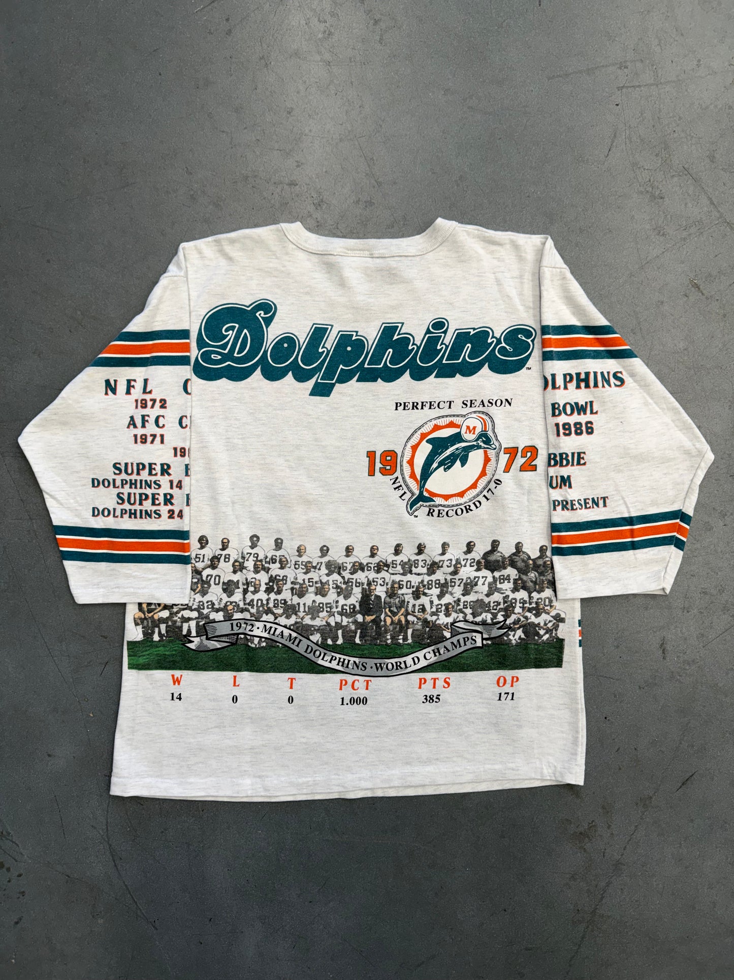 90'S MIAMI DOLPHINS 3/4 SLEEVE 1972 PERFECT SEASON TEE (LONG GONE TAG)
