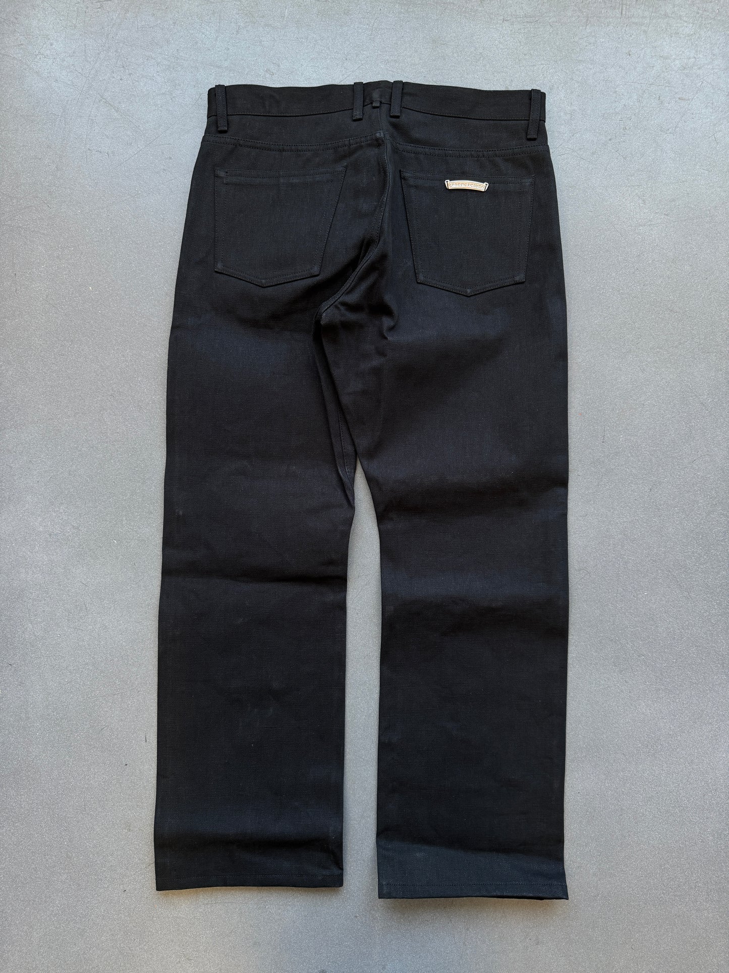 CHROME HEARTS BLACK DENIM FLEUR KNEE PANTS (36) (NEW)