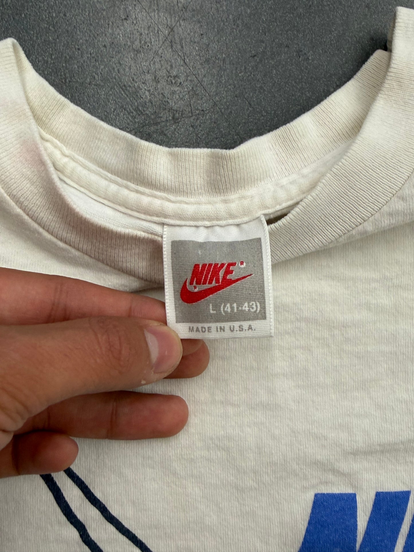 90S NIKE AIR LIGHT BLUE + GREEN MULTI LOGO TEE (GREY/RED/WHITE TAG)