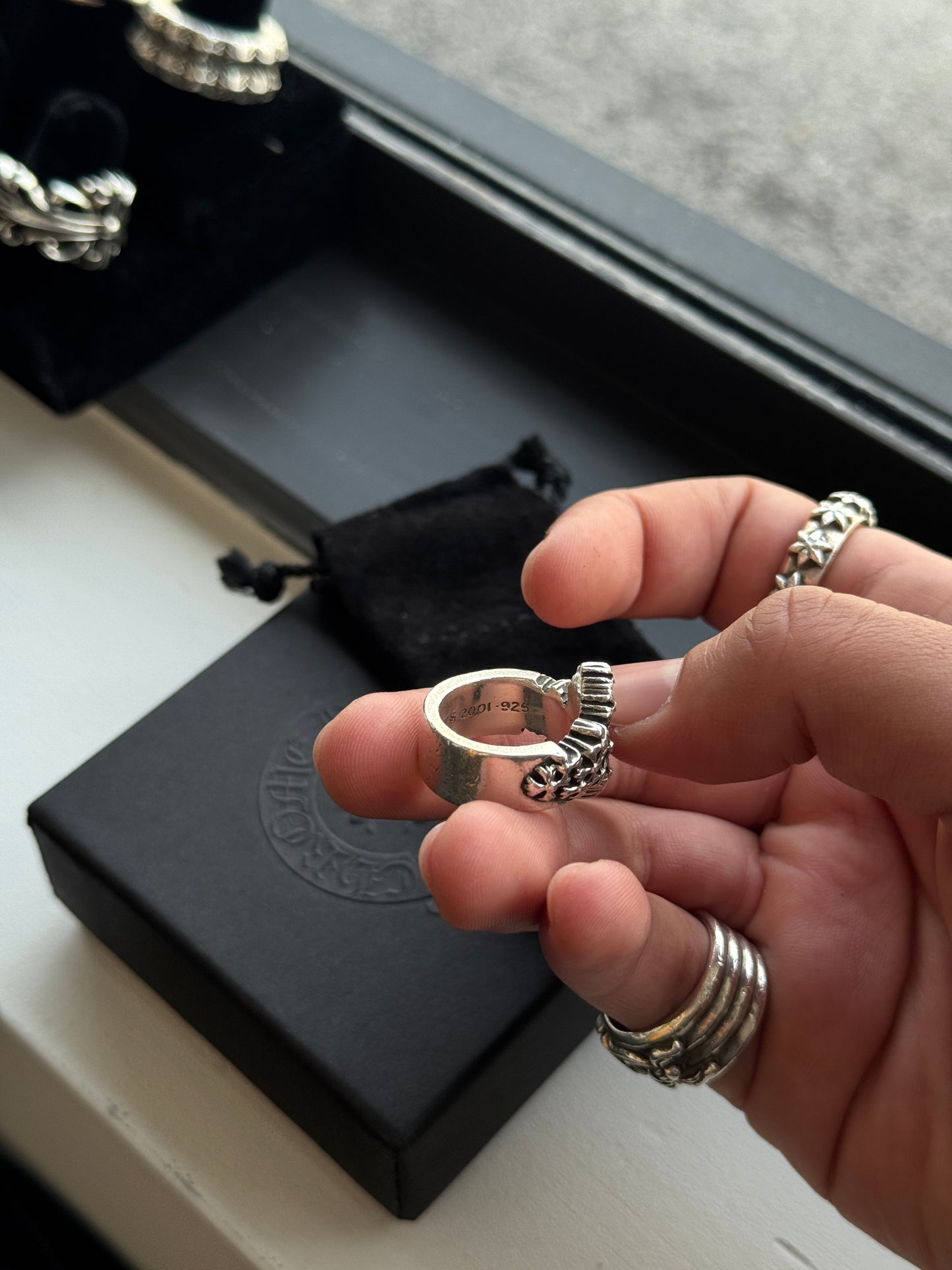 CHROME HEARTS CEMETARY POINTER SILVER RING (SIZE 6.5) (18.2 GRAMS)