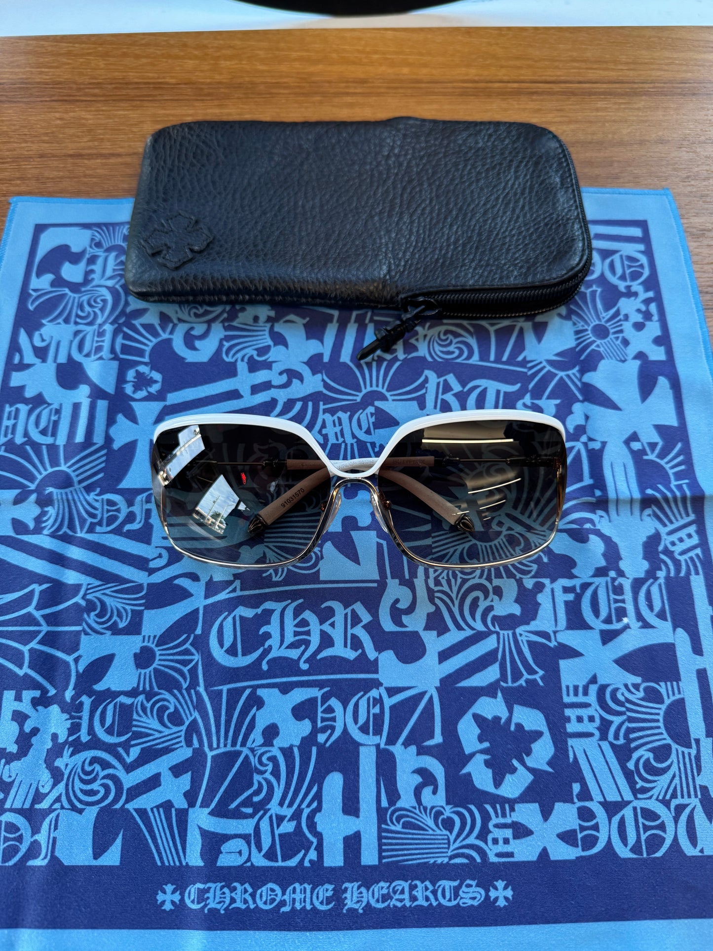 CHROME HEARTS BUTTFLUX SUNGLASSES (SILVER + LEATHER HANDLES)