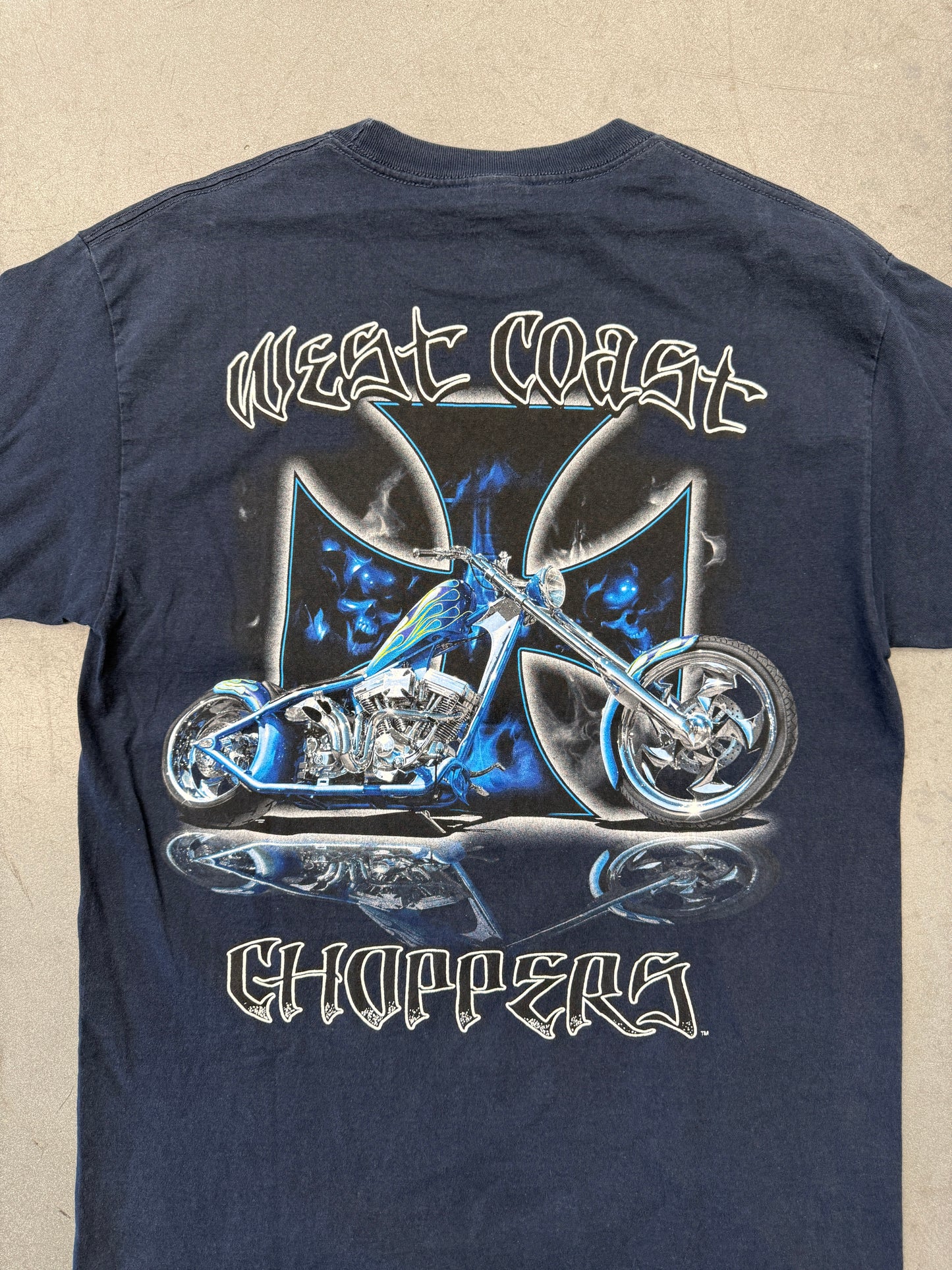 Y2K WEST COAST CHOPPERS SKULLS IRON CROSS LOGO BLUE BIKE MULLET TEE (JESSE WHO? TAG)