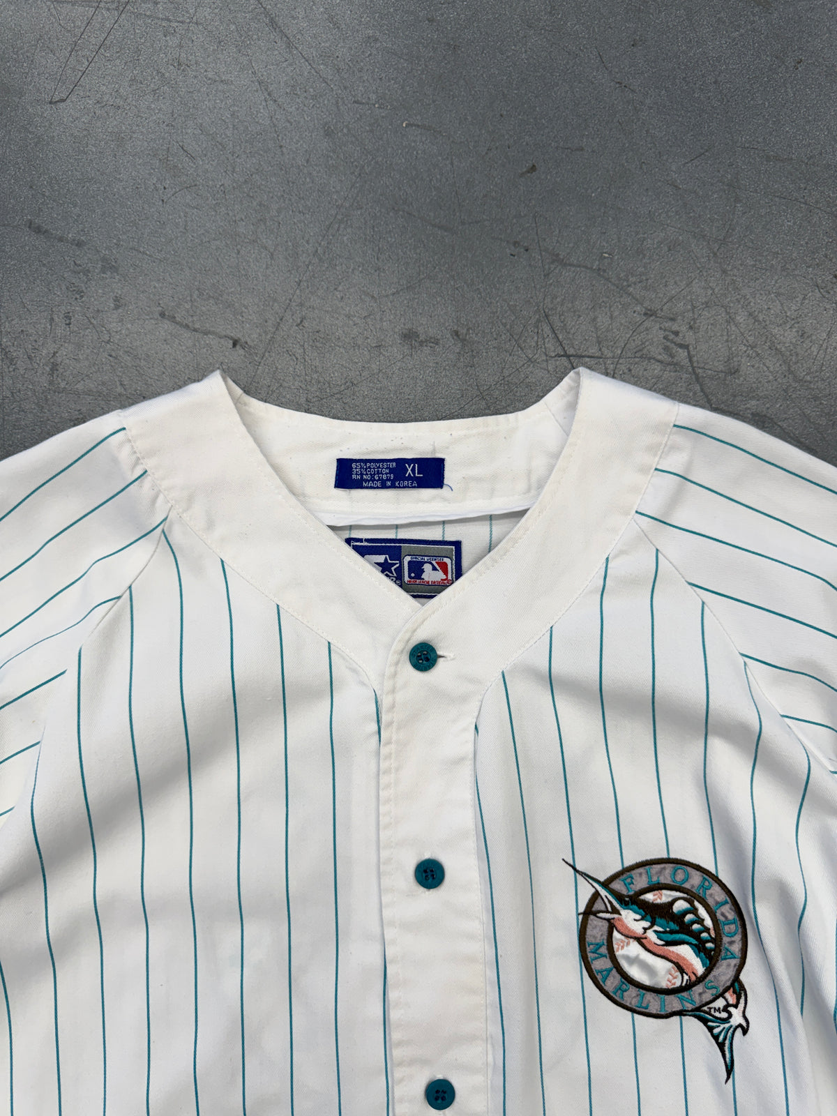 90S STARTER FLORIDA MARLINS PINK BELLY LOGO PINSTRIPE BASEBALL JERSEY