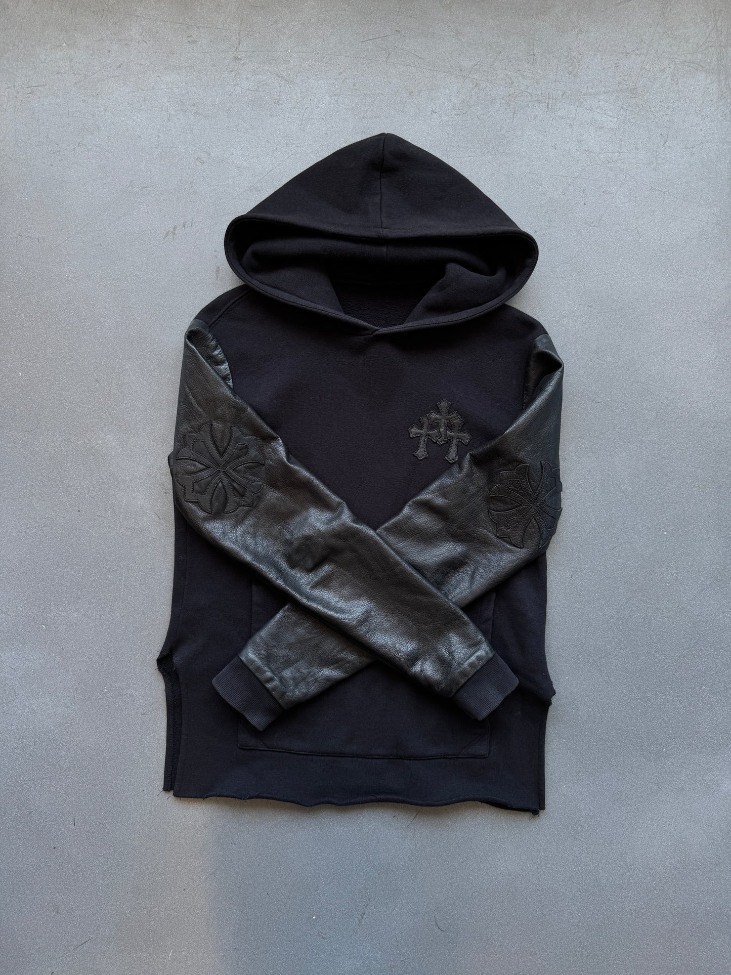 CHROME HEARTS LEATHER SLEEVE Y NOT HOODIE - BLACK