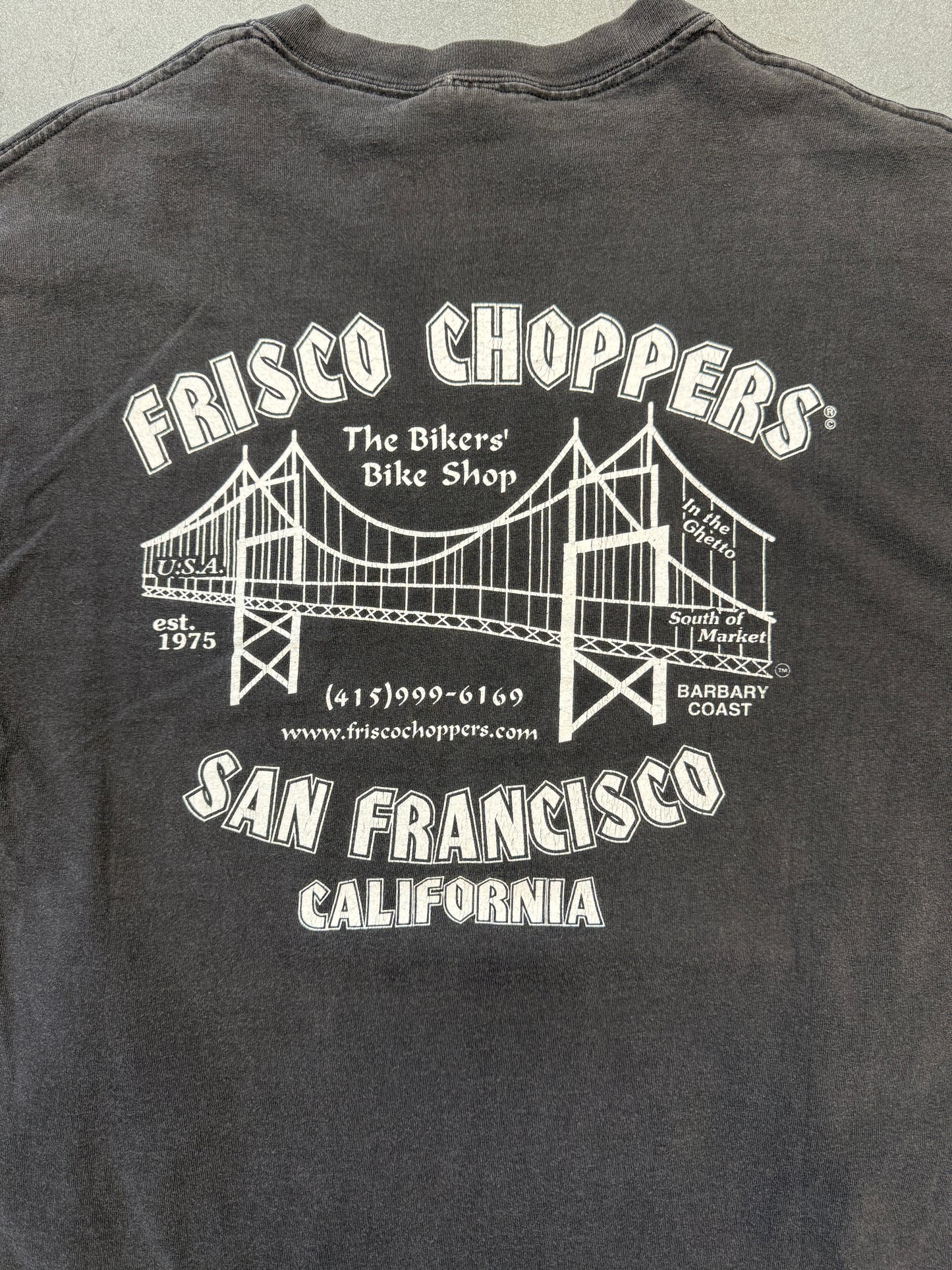 00'S FRISCO CHOPPERS CUSTOM CYCLES PURPLE/BLUE FLAME LS SAN FRANCISCO CALIFORNIA TEE (HANES HEAVYWEIGHT TAG)