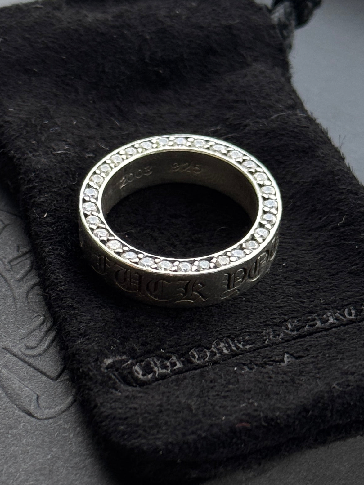 CHROME HEARTS DIAMOND FUCK YOU SPACER SILVER RING (SIZE 9) (10.5 GRAMS)
