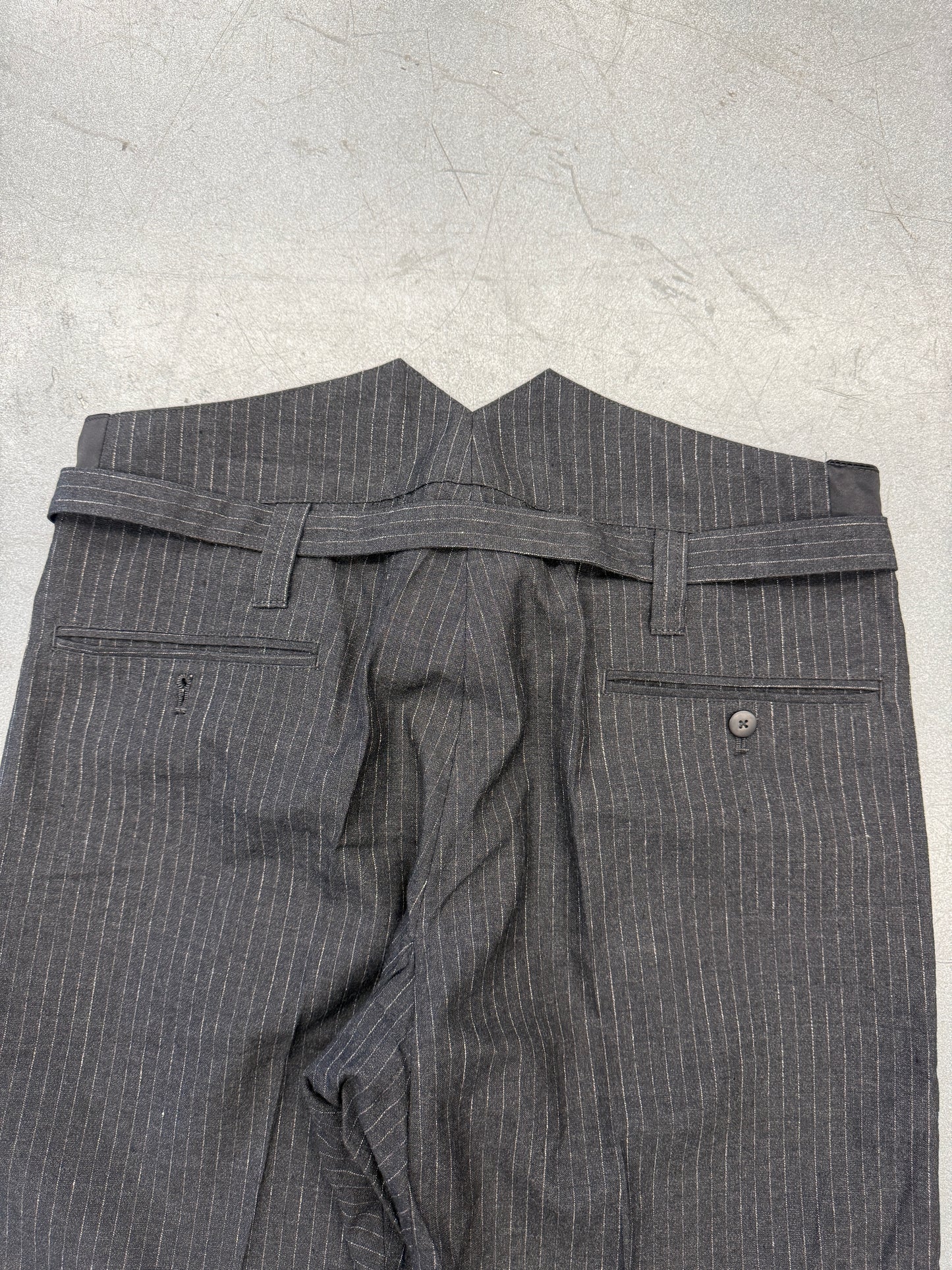 VISVIM PINSTRIPE WOOL WIDE CUFF PANTS - BLACK