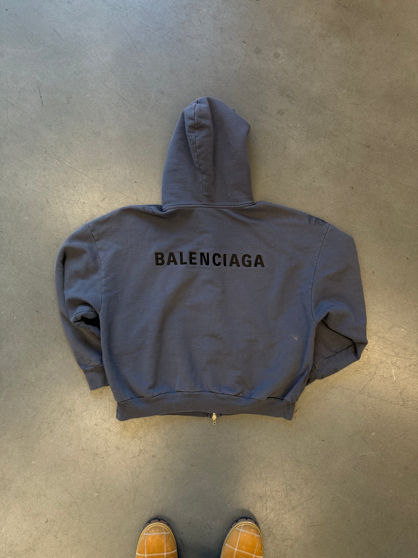 MEN'S BALENCIAGA BACK ZIP-UP HOODIE REGULAR FIT IN FADED DARK BLUE/BLACK - DIRTY LOOK