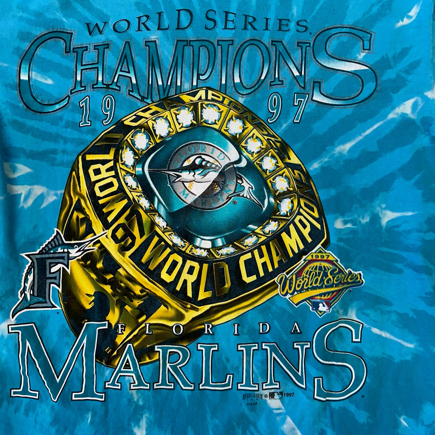 1997 WORLD SERIES CHAMPIONS FLORIDA MARLINS RING TEE CUSTOM BLEACH DYE (AMERICA'S FAVORITES TAG)