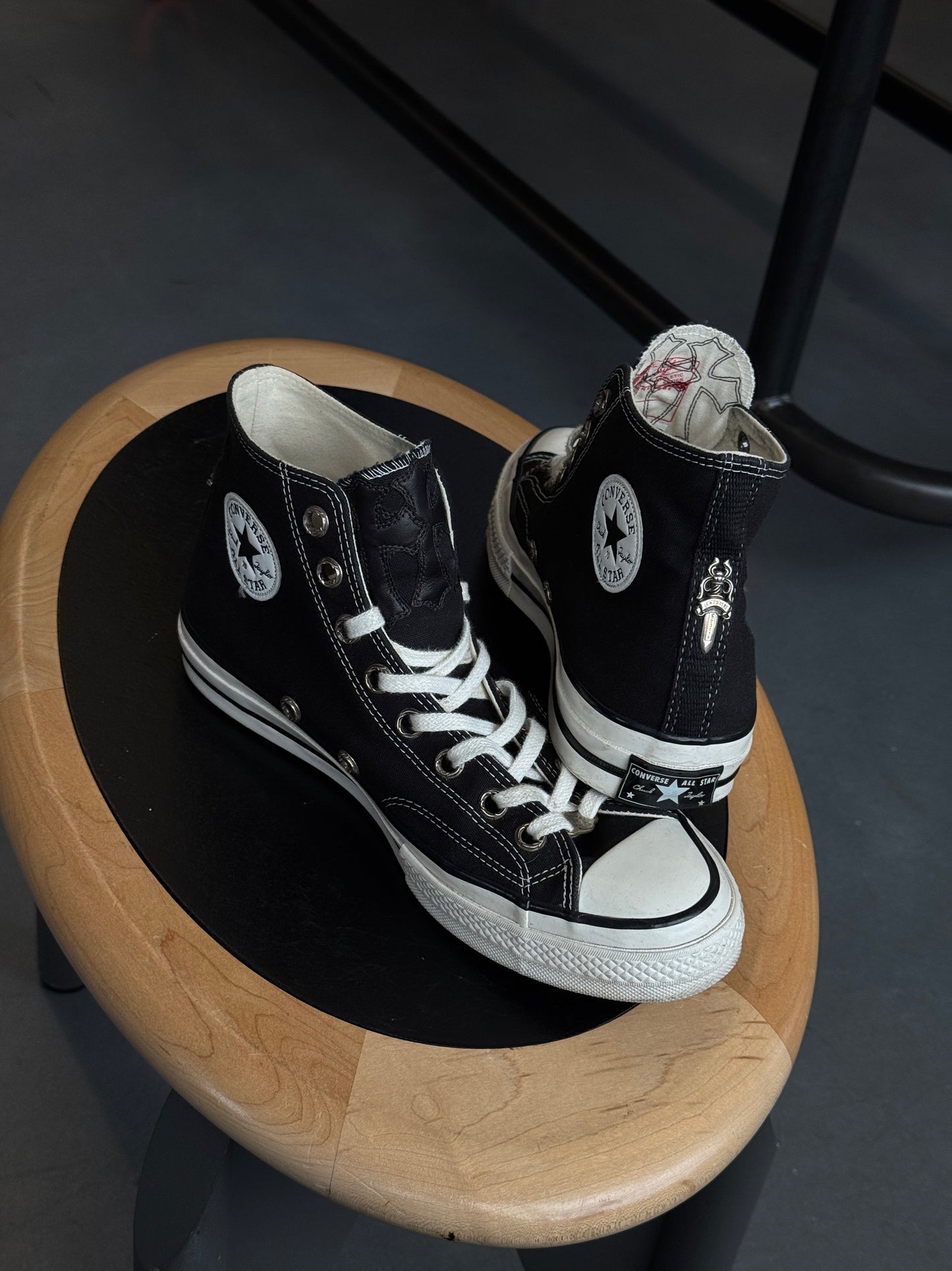 SIZE 10 CHROME HEARTS LEATHER CROSS PATCH CONVERSE BLACK ALL-STAR HIGH (PRE-OWNED NO BOX)