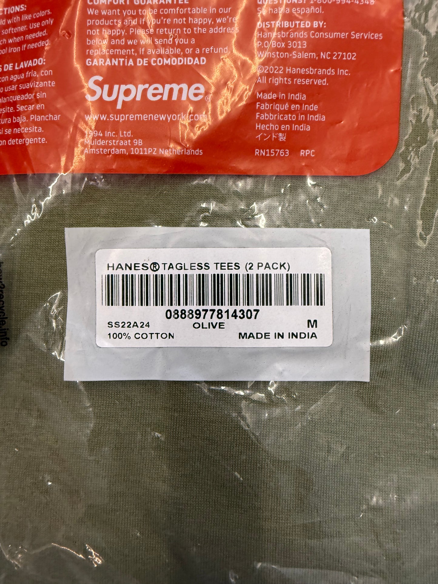 SS22 SUPREME HANES TAGLESS T-SHIRTS OLIVE 2 PACK (M)
