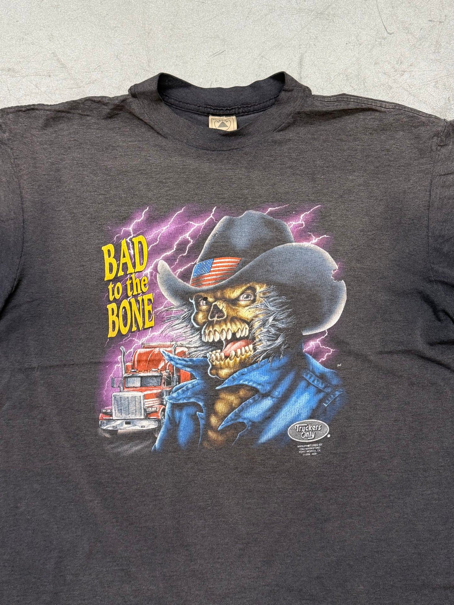 1992 3D EMBLEM BAD TO THE BONE TRUCKERS ONLY WILMINGTON 76 WILMINGTON, N.C. TEE (DELTA TAG)