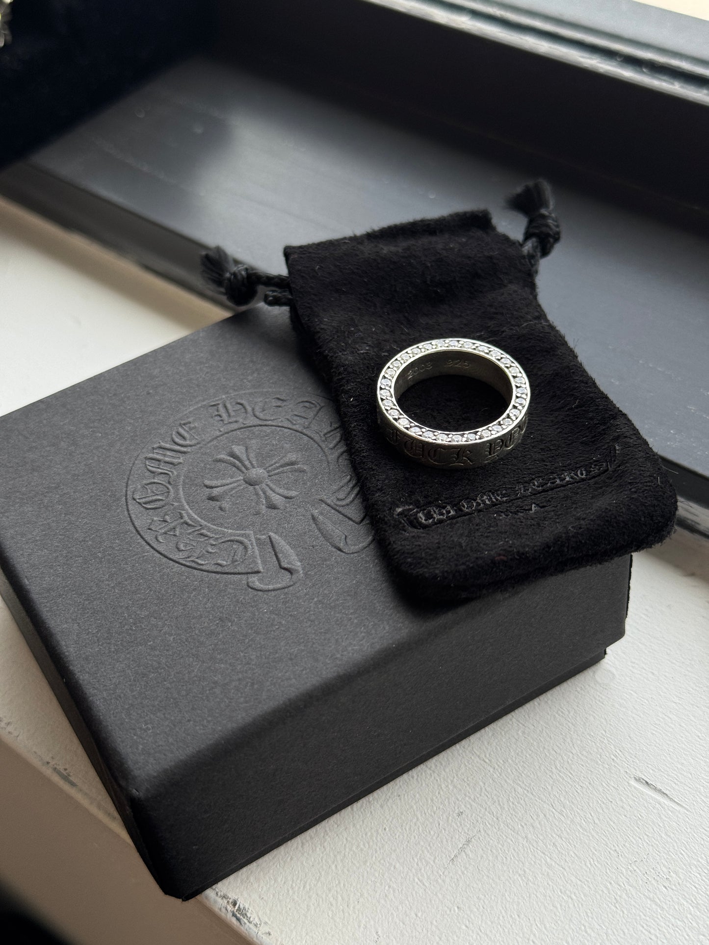 CHROME HEARTS DIAMOND FUCK YOU SPACER SILVER RING (SIZE 9) (10.5 GRAMS)