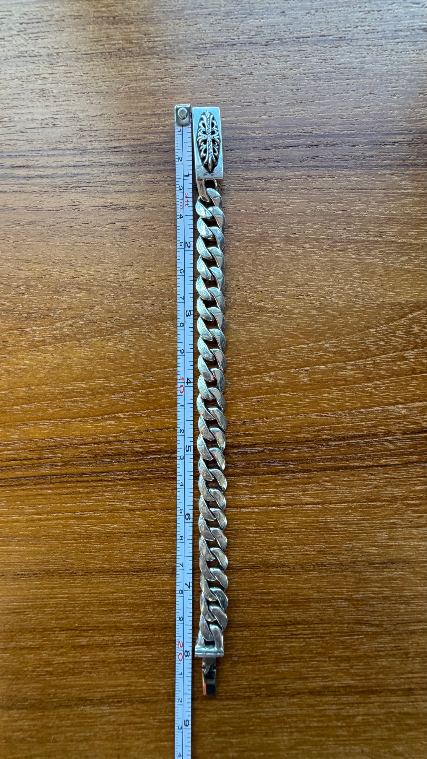 CHROME HEARTS PAVE DIAMOND BABY ID FLORAL CROSS SILVER BRACELET