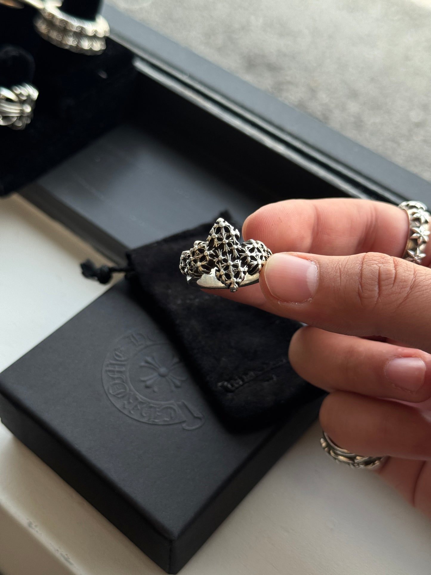 CHROME HEARTS CEMETARY POINTER SILVER RING (SIZE 6.5) (18.2 GRAMS)