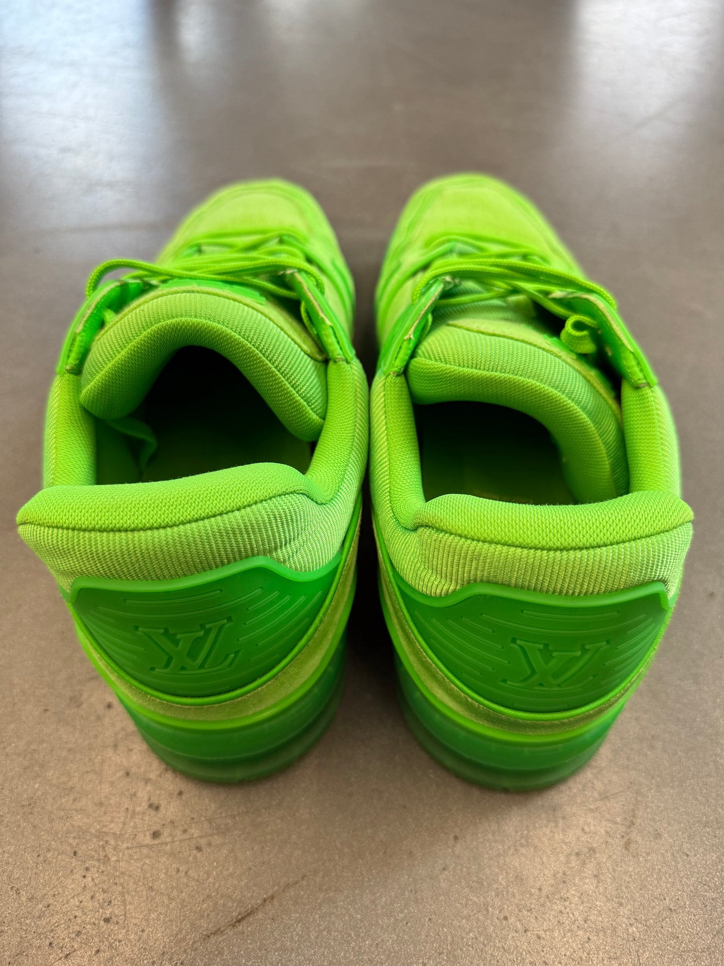 SIZE 10 LOUIS VUITTON LV TRAINER SNEAKER - FLUROESCENT GREEN (PRE-OWNED NO BOX)