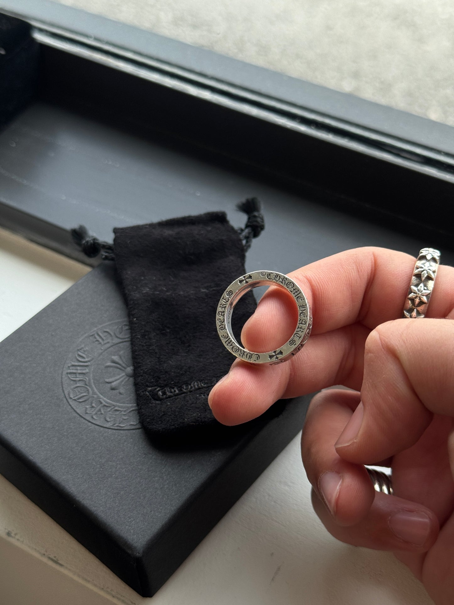 CHROME HEARTS DIAMOND FUCK YOU SPACER SILVER RING (SIZE 9) (10.5 GRAMS)