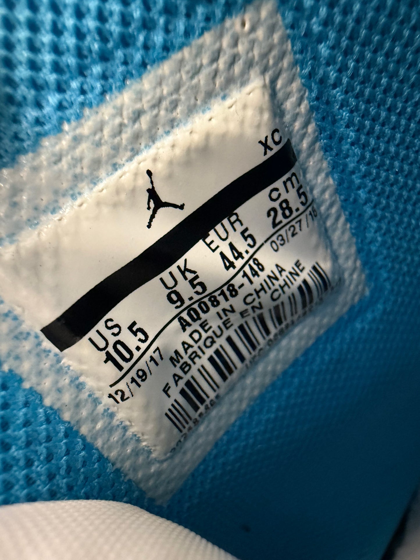 2018 SIZE 10.5 OFF-WHITE JORDAN 1 UNIVERSITY BLUE (PRE-OWNED NO BOX/LACES)