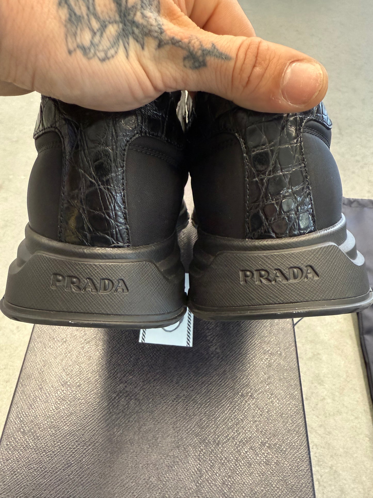 SIZE 8.5 PRADA BLACK CROC CALZATURE UOMO COCCO+NYLON GABARDINE 1 NERO (PRE-OWNED WITH BOX)