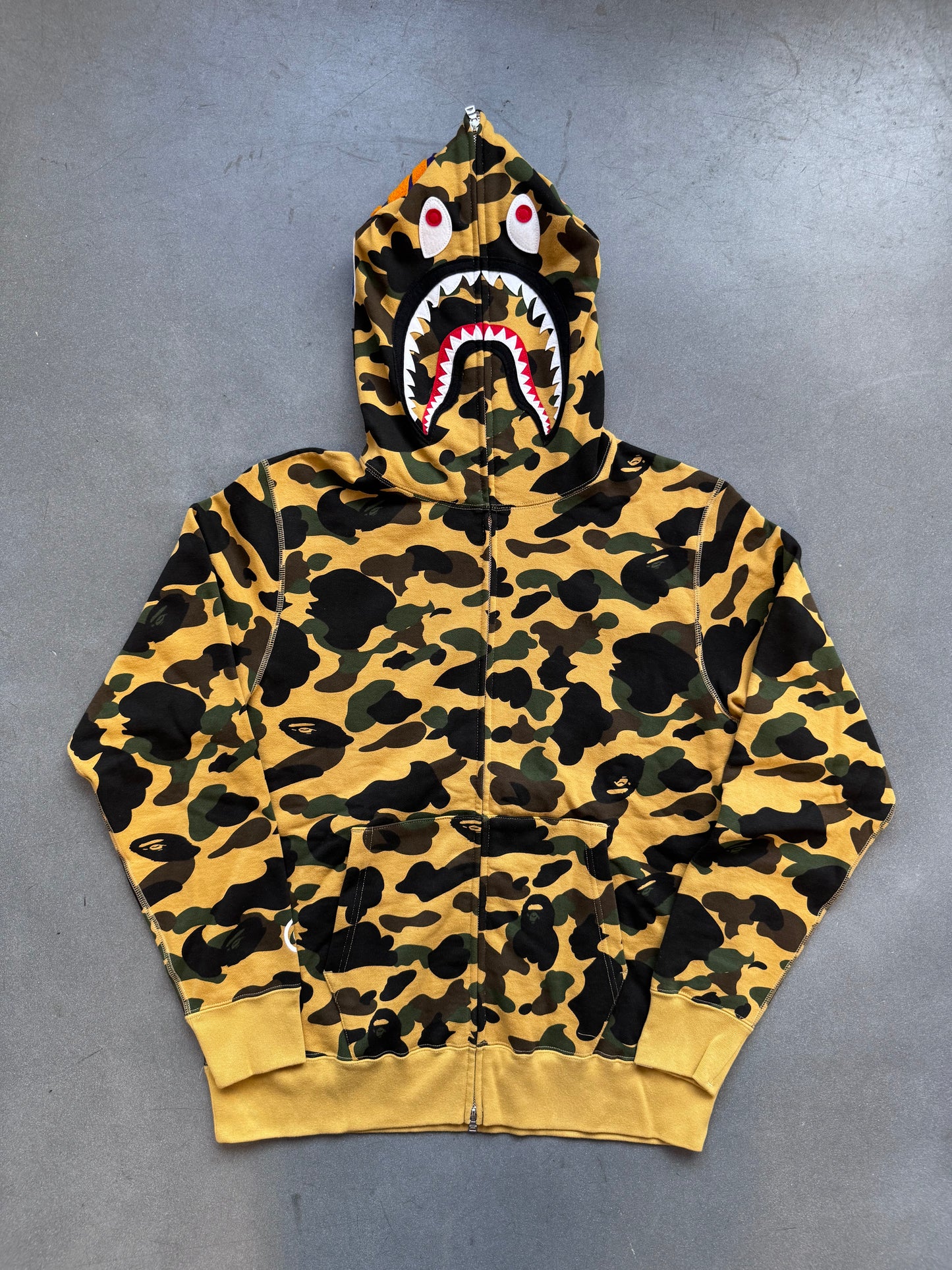 A BATHING APE BAPE 1ST CAMO SHARK FULL ZIP HOODIE - YELLOW (XL) (NWT)