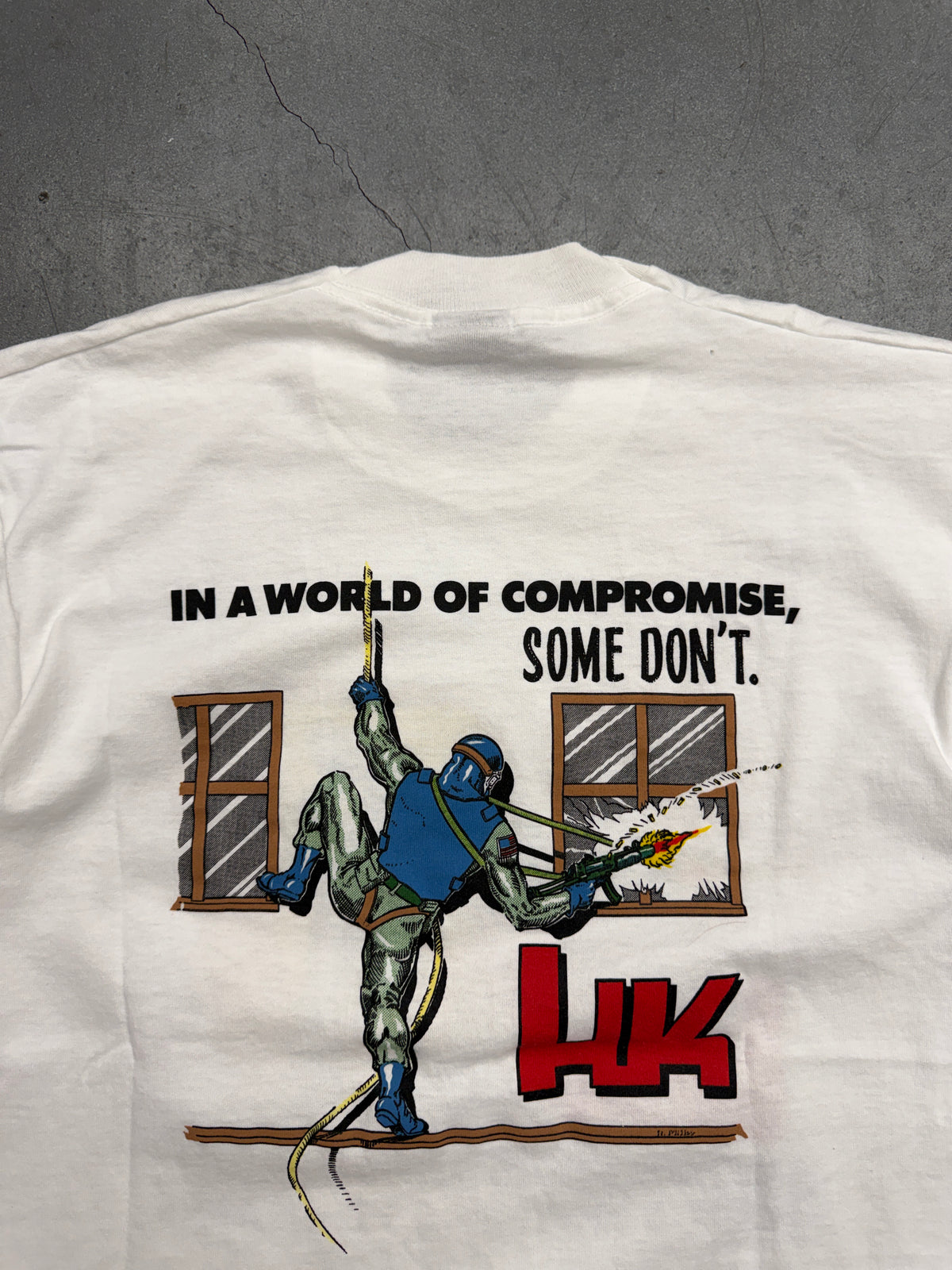 90S HECKLER & KOCH "WHEN LIVES ARE AT STAKE, LEAVE NOTHING TO CHANCE." TEE (SCREEN STARS BEST TAG)