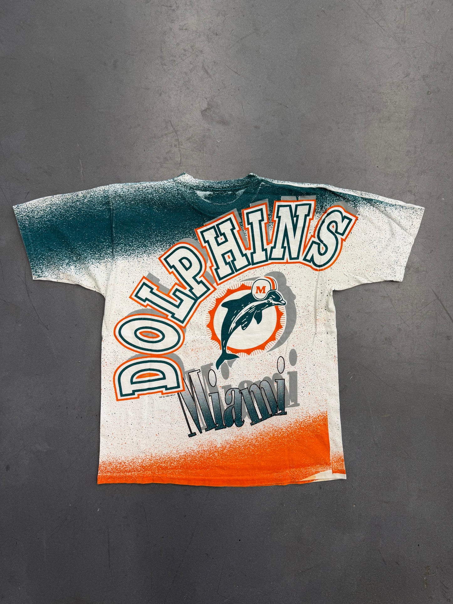 1994 NFLP MIAMI DOLPHINS ARCH LOGO ALL OVER PRINT AOP TEE (MENDEZ TAG)