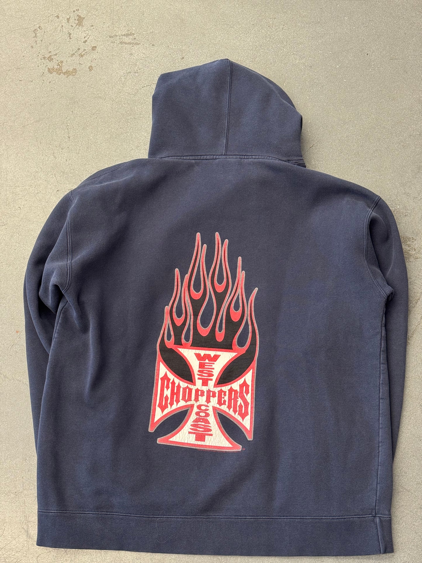 90S WEST COAST CHOPPERS JESSE JAMES GRAFFITI LOGO FLAMING IRON CROSS PULLOVER HOODIE (IRON CROSS TAG)