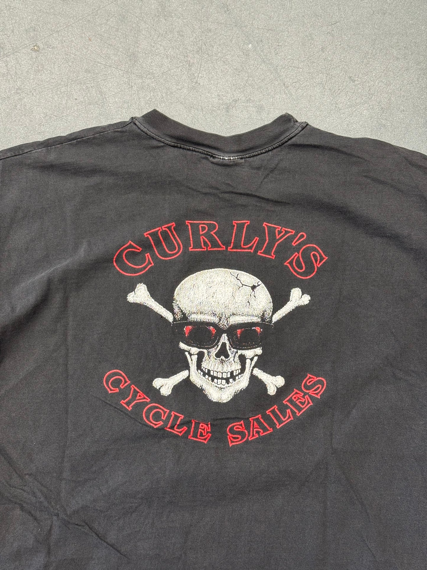 90S CURLY'S CYCLE SALES "CUSTOMER SATISFACTION?" TEE (HANES TAG)
